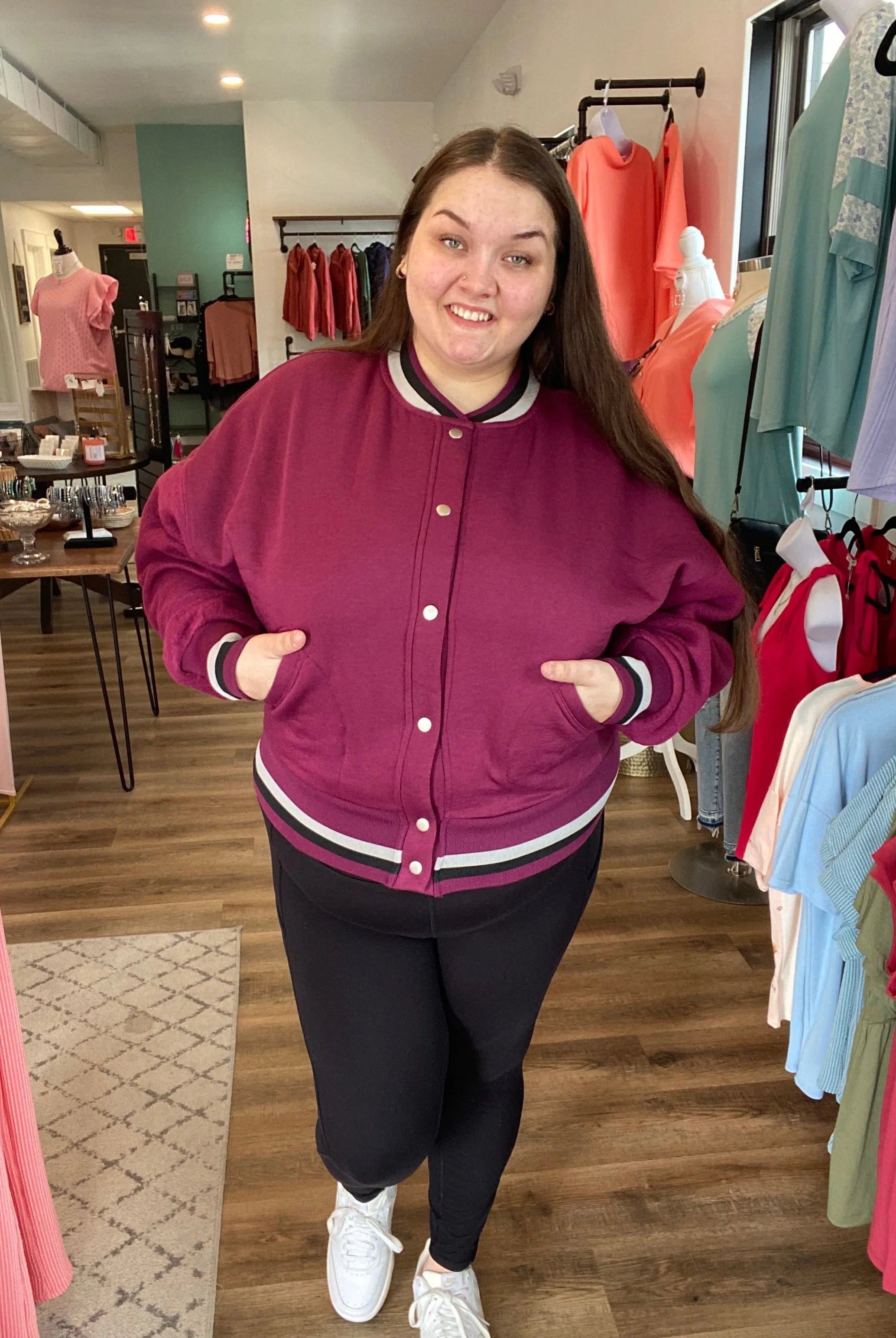 Shop Burgundy Varsity Bomber Jacket-Jacket at Ruby Joy Boutique, a Women's Clothing Store in Pickerington, Ohio