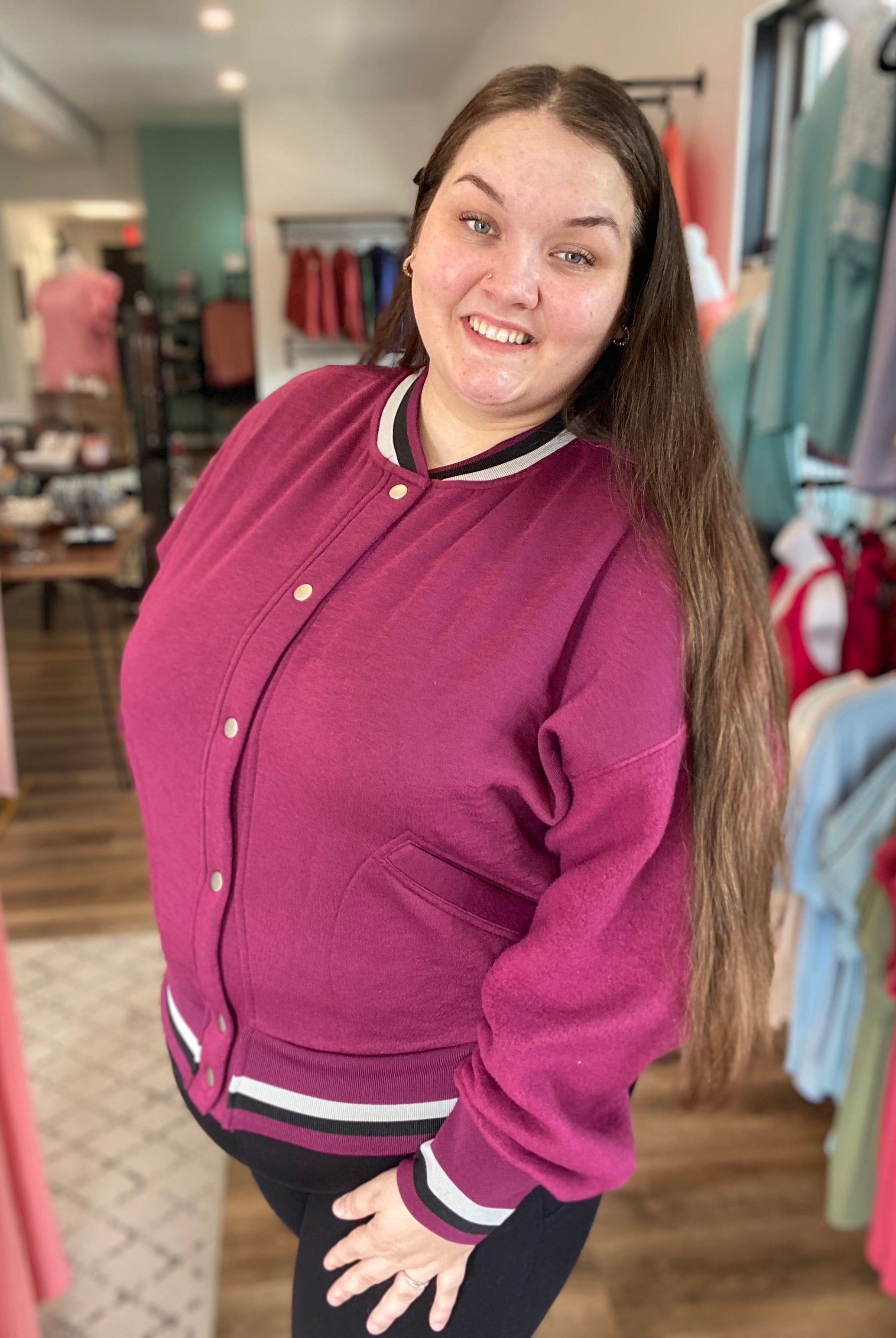 Shop Burgundy Varsity Bomber Jacket-Jacket at Ruby Joy Boutique, a Women's Clothing Store in Pickerington, Ohio