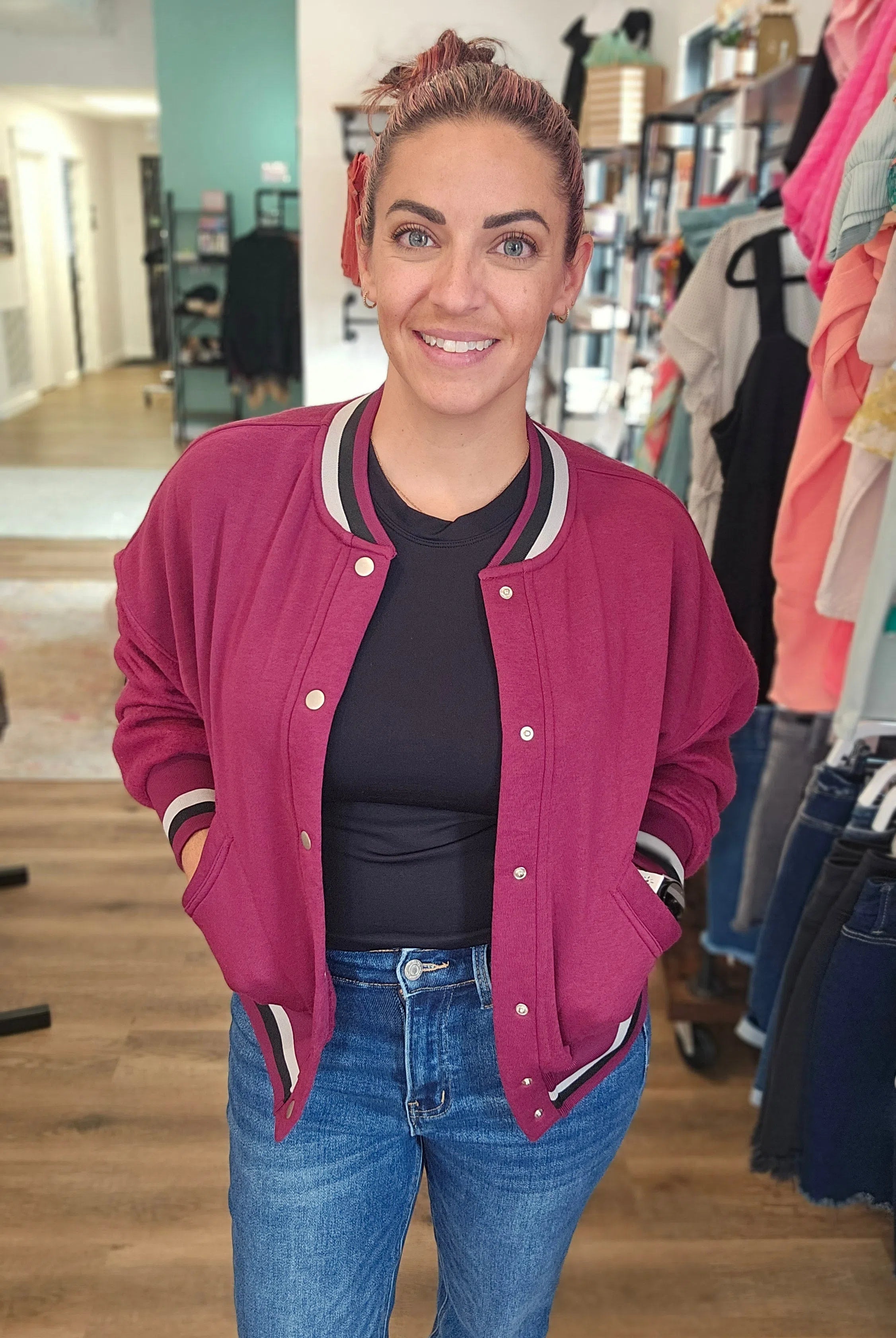 Shop Burgundy Varsity Bomber Jacket-Jacket at Ruby Joy Boutique, a Women's Clothing Store in Pickerington, Ohio