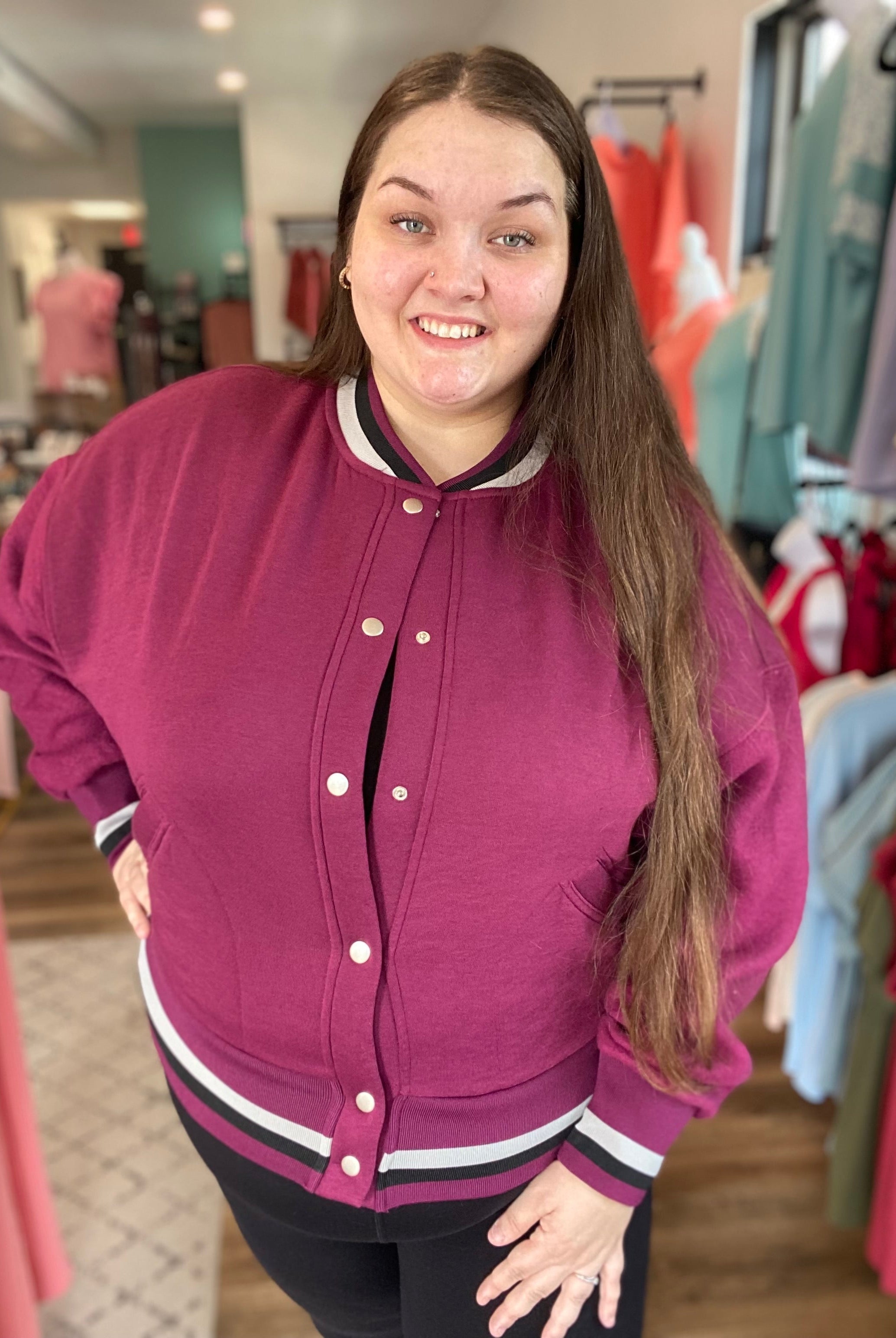Shop Burgundy Varsity Bomber Jacket-Jacket at Ruby Joy Boutique, a Women's Clothing Store in Pickerington, Ohio