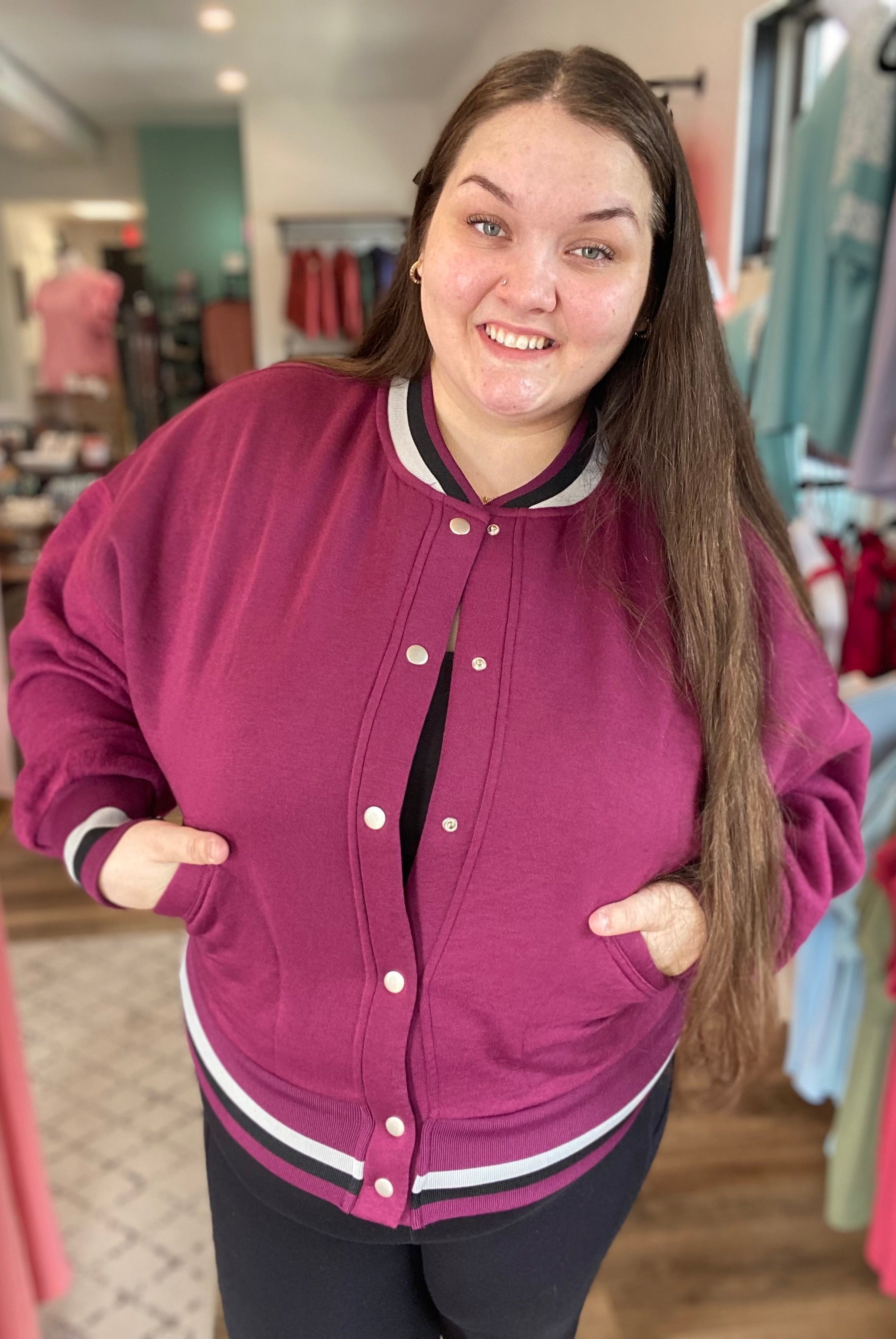 Shop Burgundy Varsity Bomber Jacket-Jacket at Ruby Joy Boutique, a Women's Clothing Store in Pickerington, Ohio