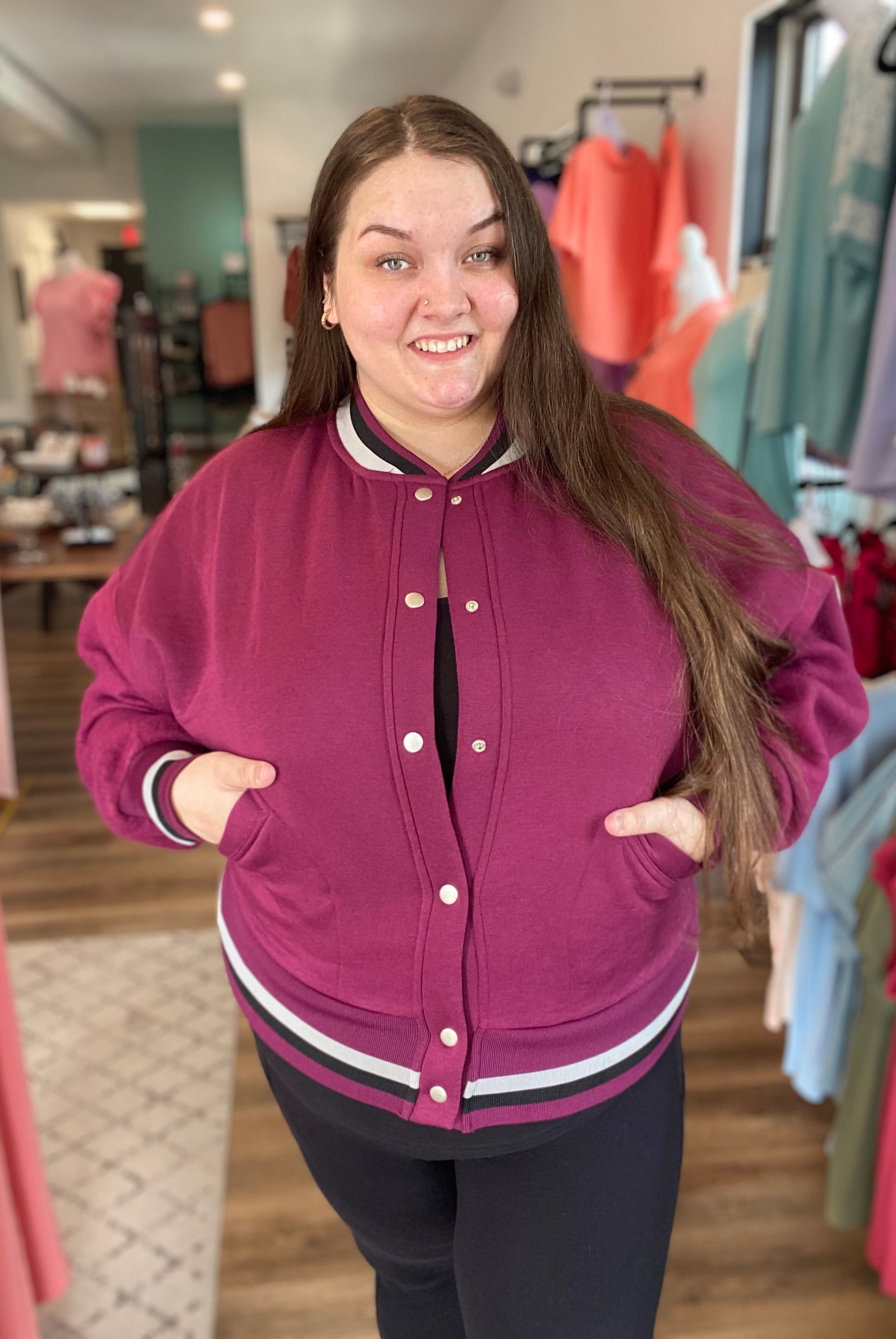 Shop Burgundy Varsity Bomber Jacket-Jacket at Ruby Joy Boutique, a Women's Clothing Store in Pickerington, Ohio