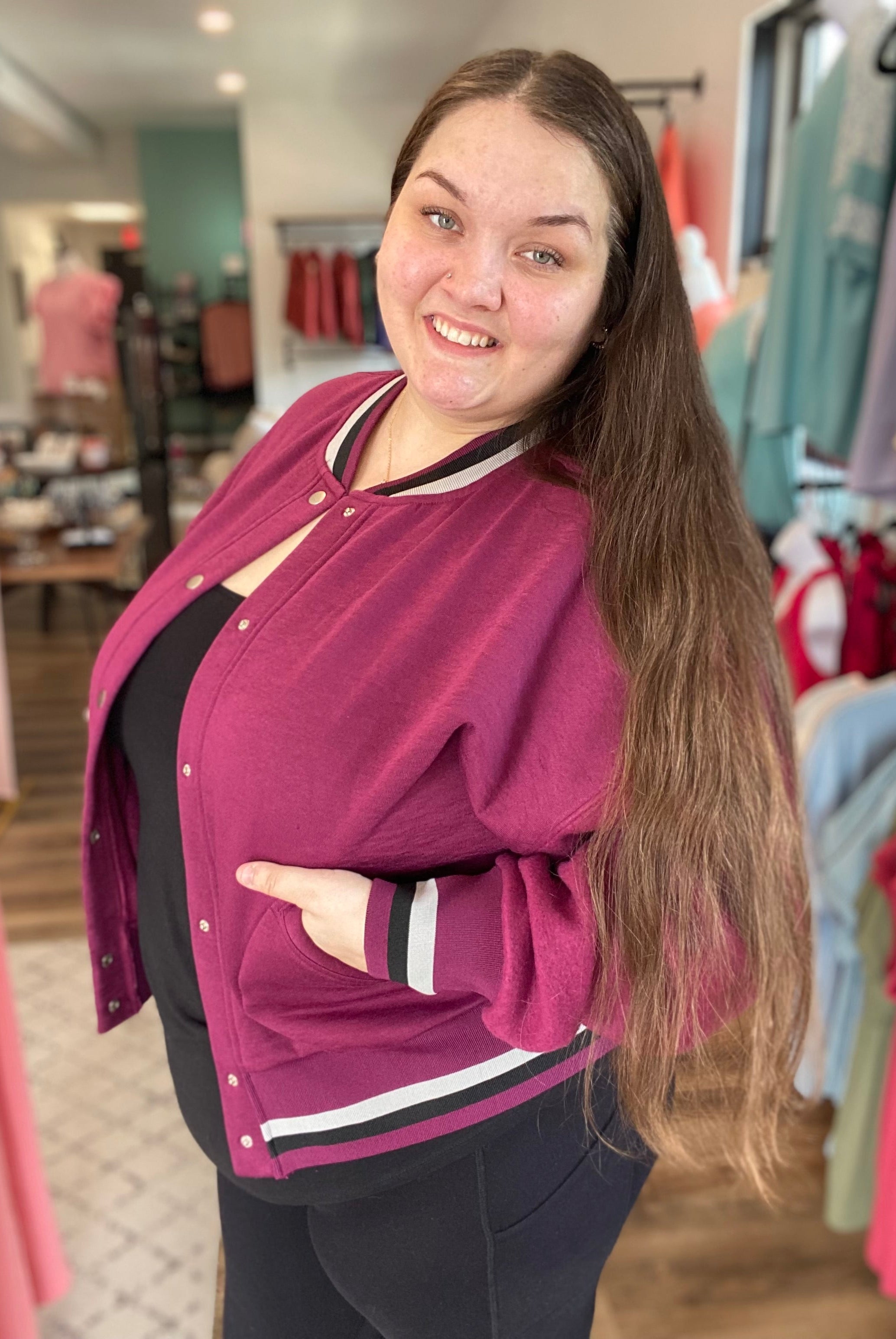 Shop Burgundy Varsity Bomber Jacket-Jacket at Ruby Joy Boutique, a Women's Clothing Store in Pickerington, Ohio