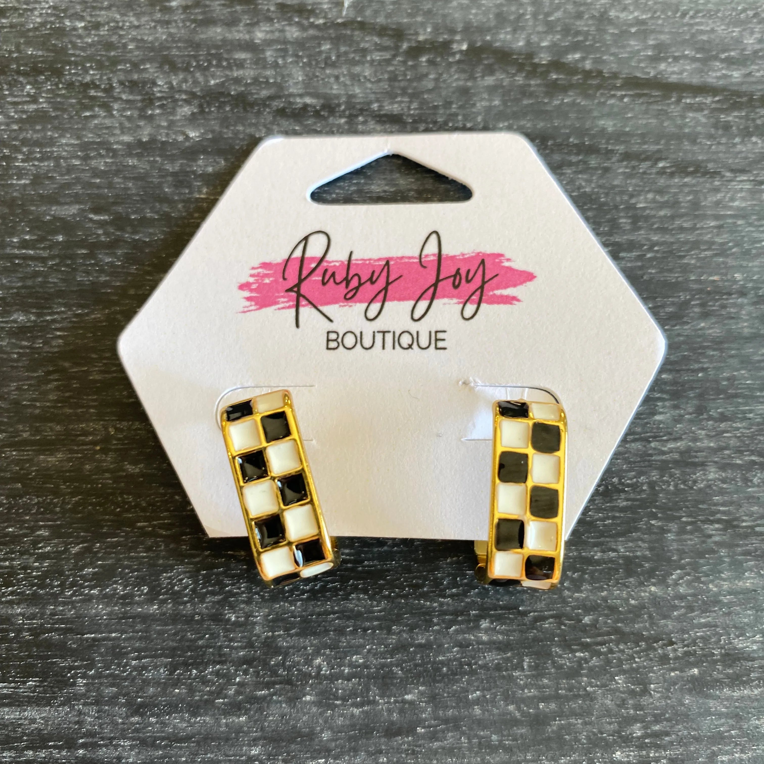 Shop Checkered Oval Hoops-Black at Ruby Joy Boutique, a Women's Clothing Store in Pickerington, Ohio