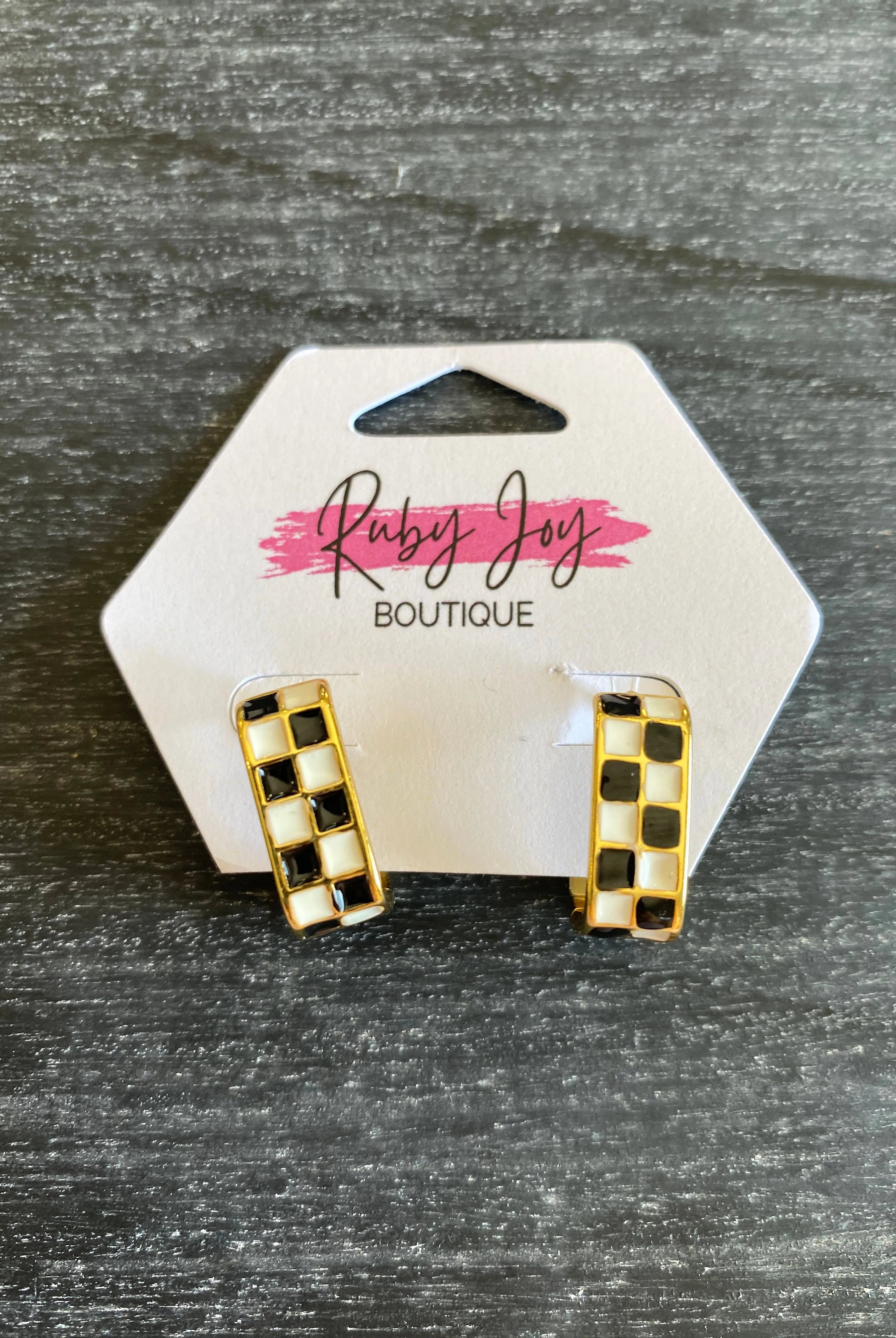 Shop Checkered Oval Hoops-Black at Ruby Joy Boutique, a Women's Clothing Store in Pickerington, Ohio