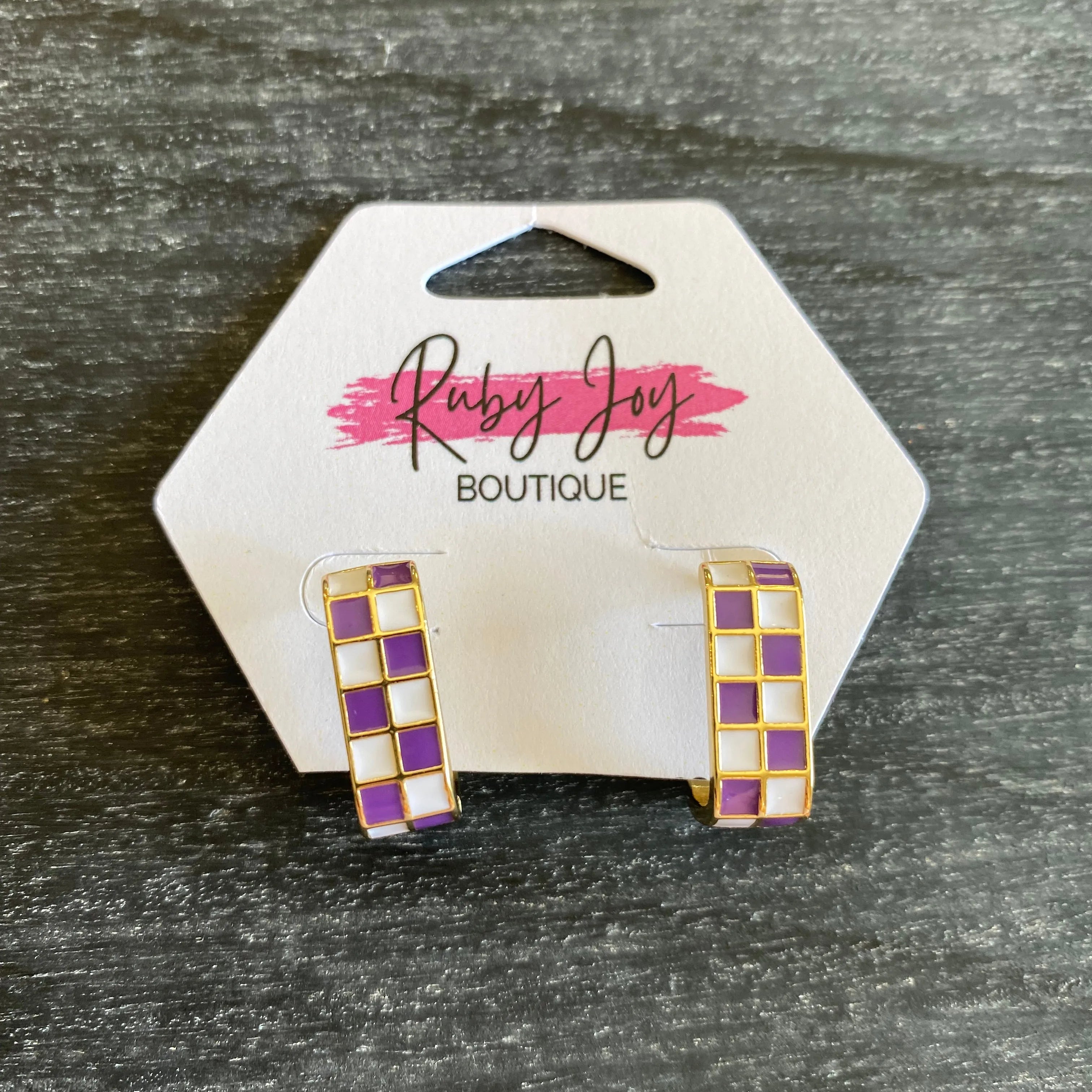 Shop Checkered Oval Hoops-Purple at Ruby Joy Boutique, a Women's Clothing Store in Pickerington, Ohio
