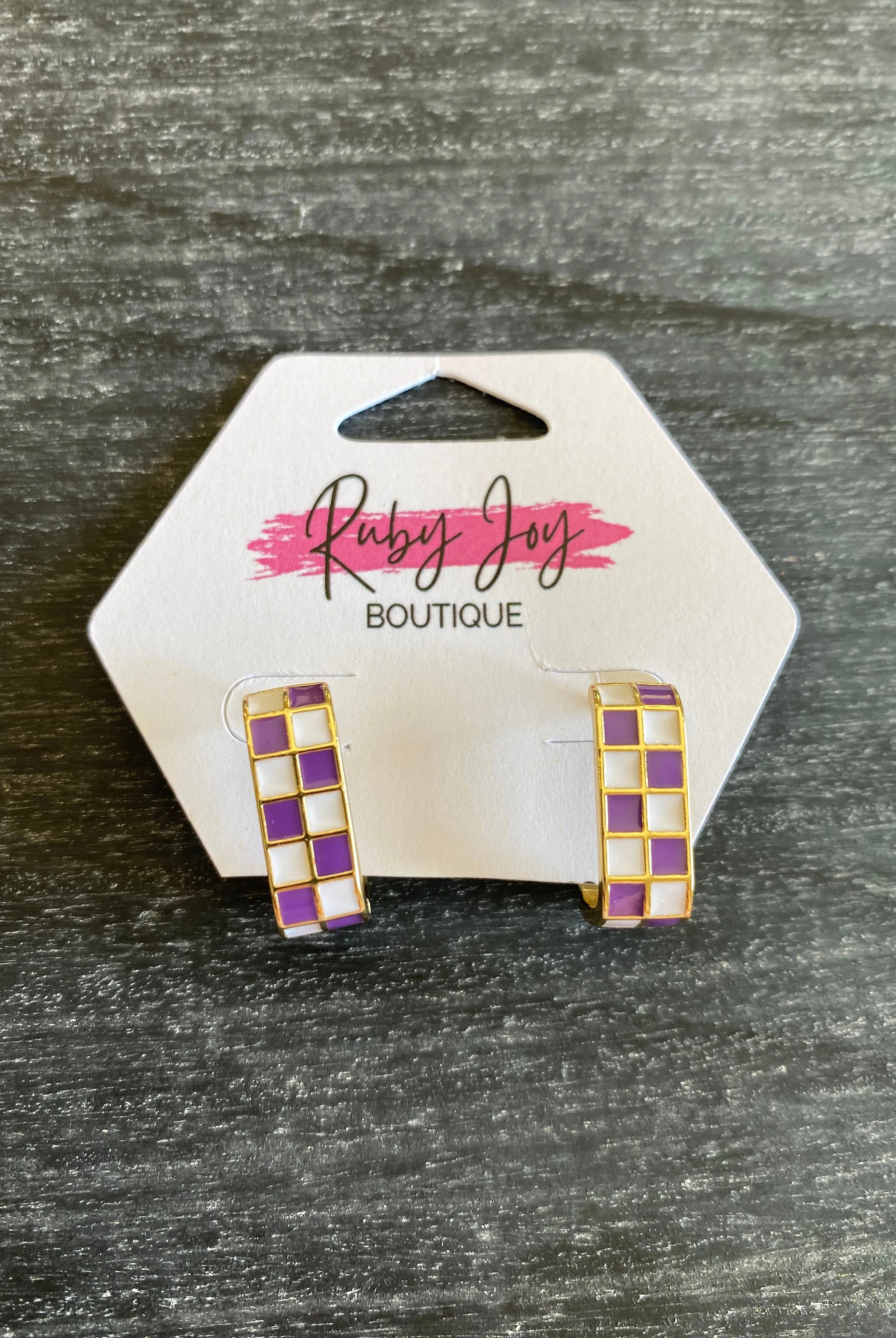 Shop Checkered Oval Hoops-Purple at Ruby Joy Boutique, a Women's Clothing Store in Pickerington, Ohio
