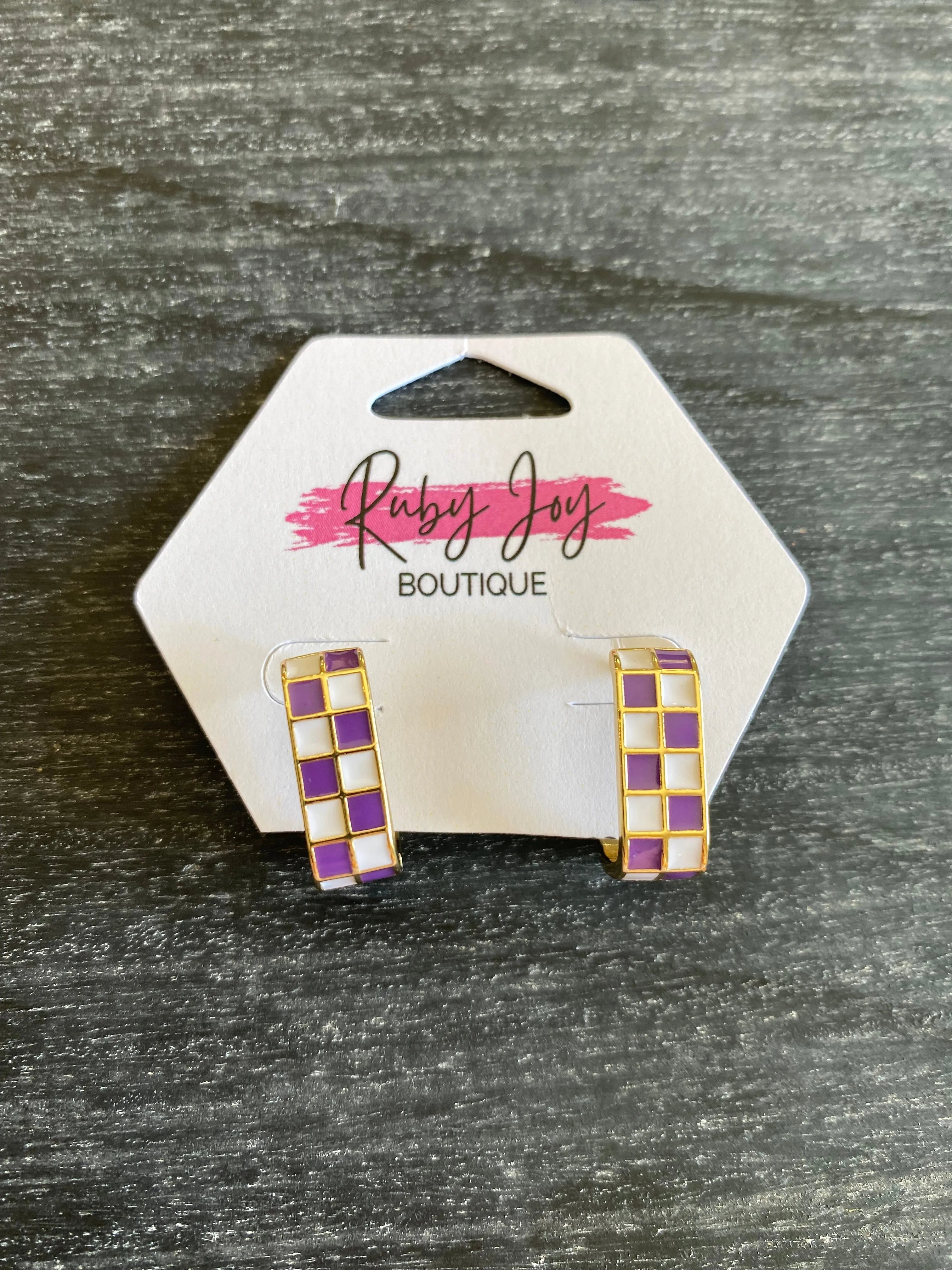 Shop Checkered Oval Hoops-Purple at Ruby Joy Boutique, a Women's Clothing Store in Pickerington, Ohio