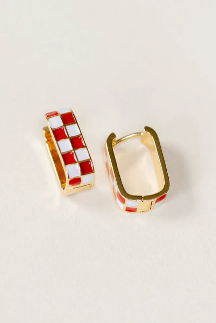 Shop Checkered Oval Hoop Earrings-Crimson at Ruby Joy Boutique, a Women's Clothing Store in Pickerington, Ohio