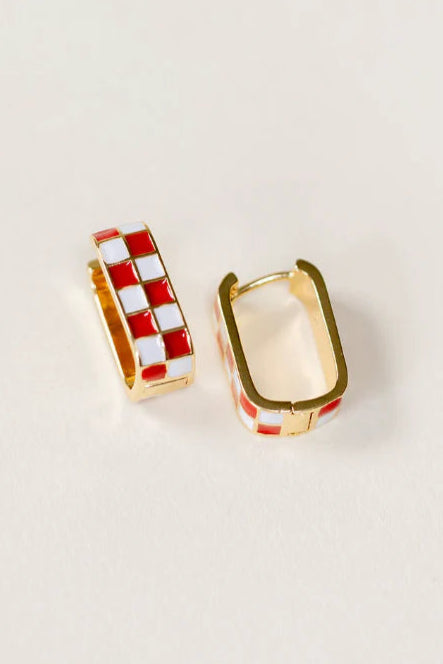 Shop Checkered Oval Hoop Earrings-Crimson at Ruby Joy Boutique, a Women's Clothing Store in Pickerington, Ohio