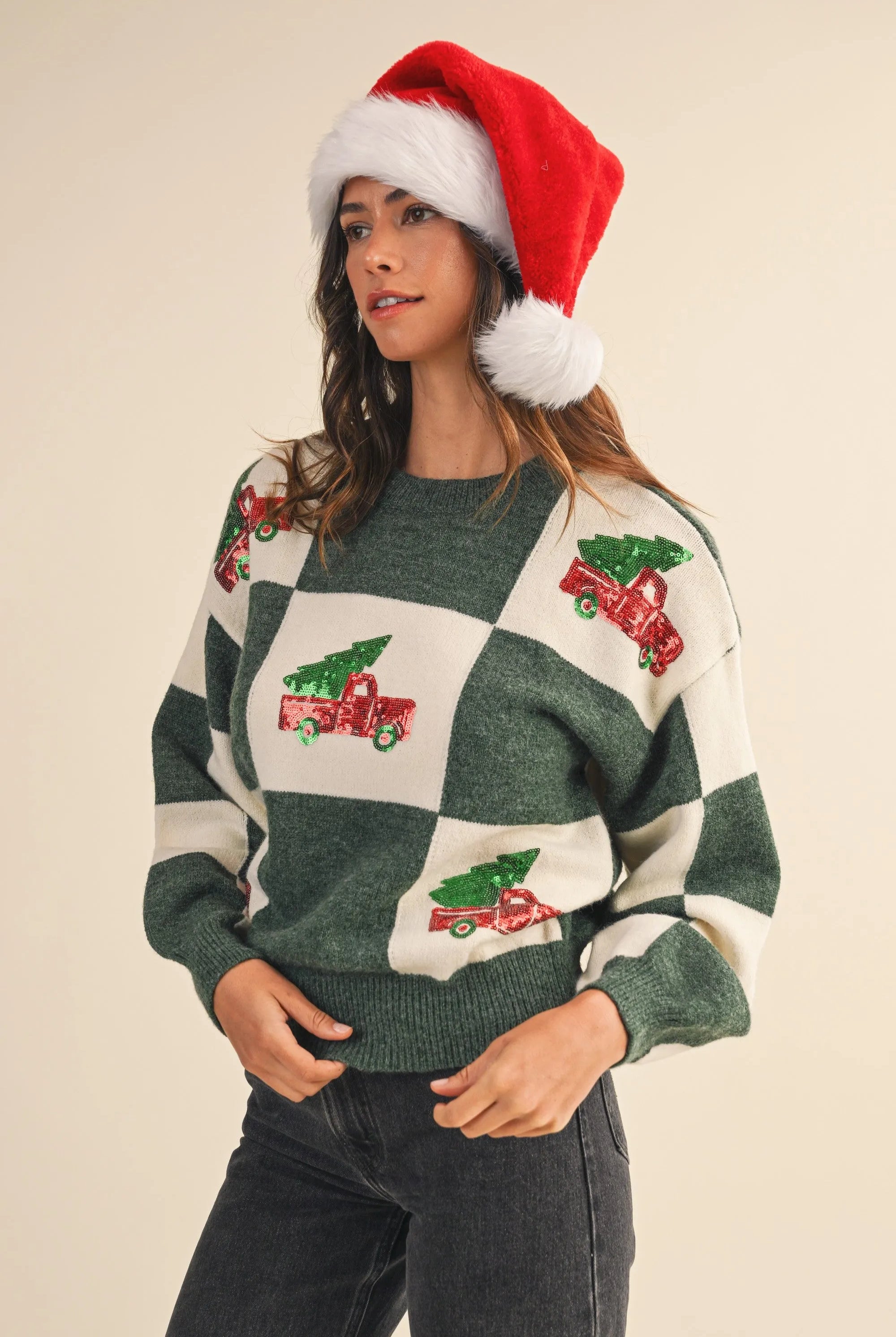 Shop Checkered Sweater with Christmas Tree Truck Sequin Patch- at Ruby Joy Boutique, a Women's Clothing Store in Pickerington, Ohio