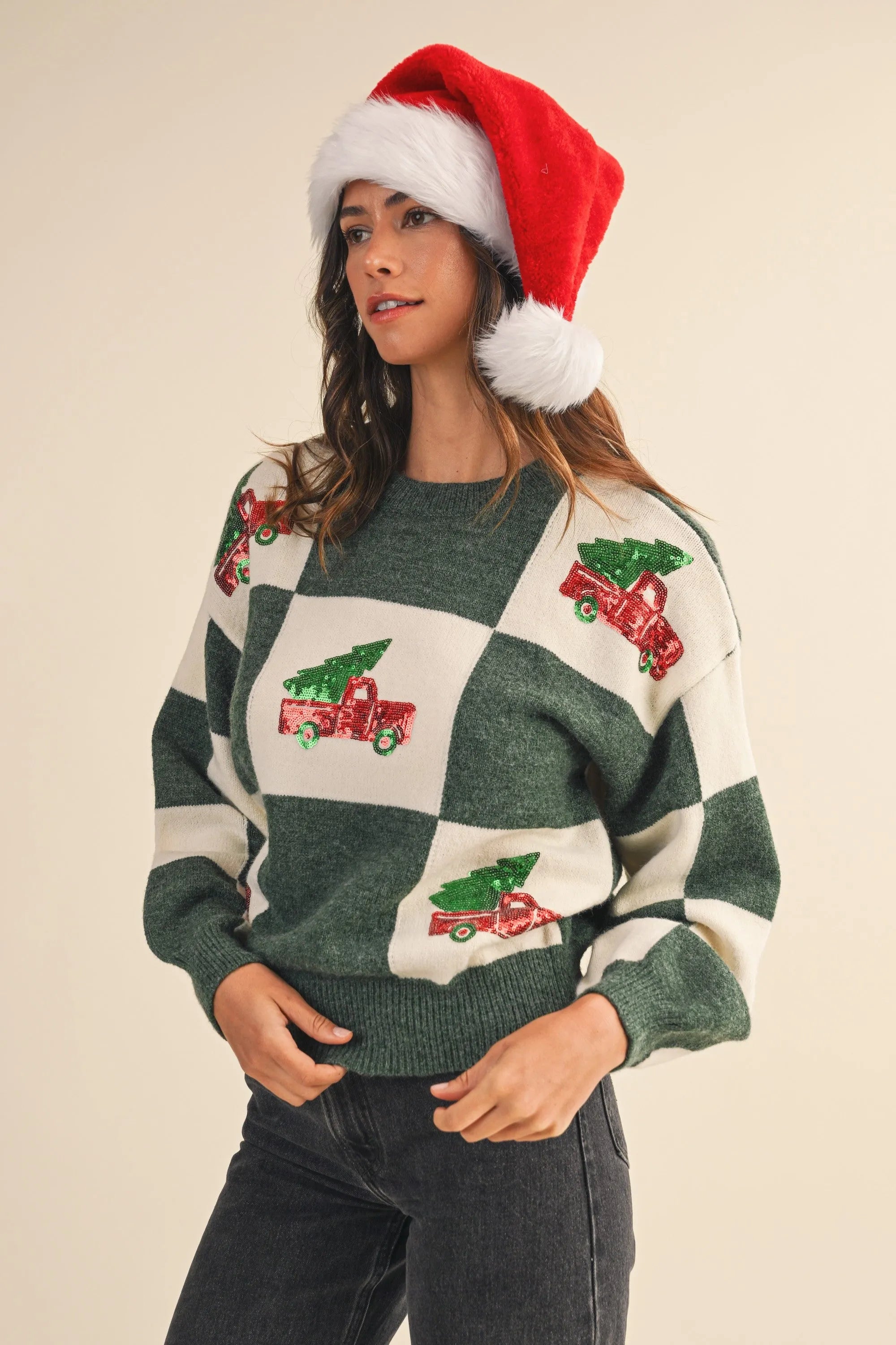 Shop Checkered Sweater with Christmas Tree Truck Sequin Patch- at Ruby Joy Boutique, a Women's Clothing Store in Pickerington, Ohio