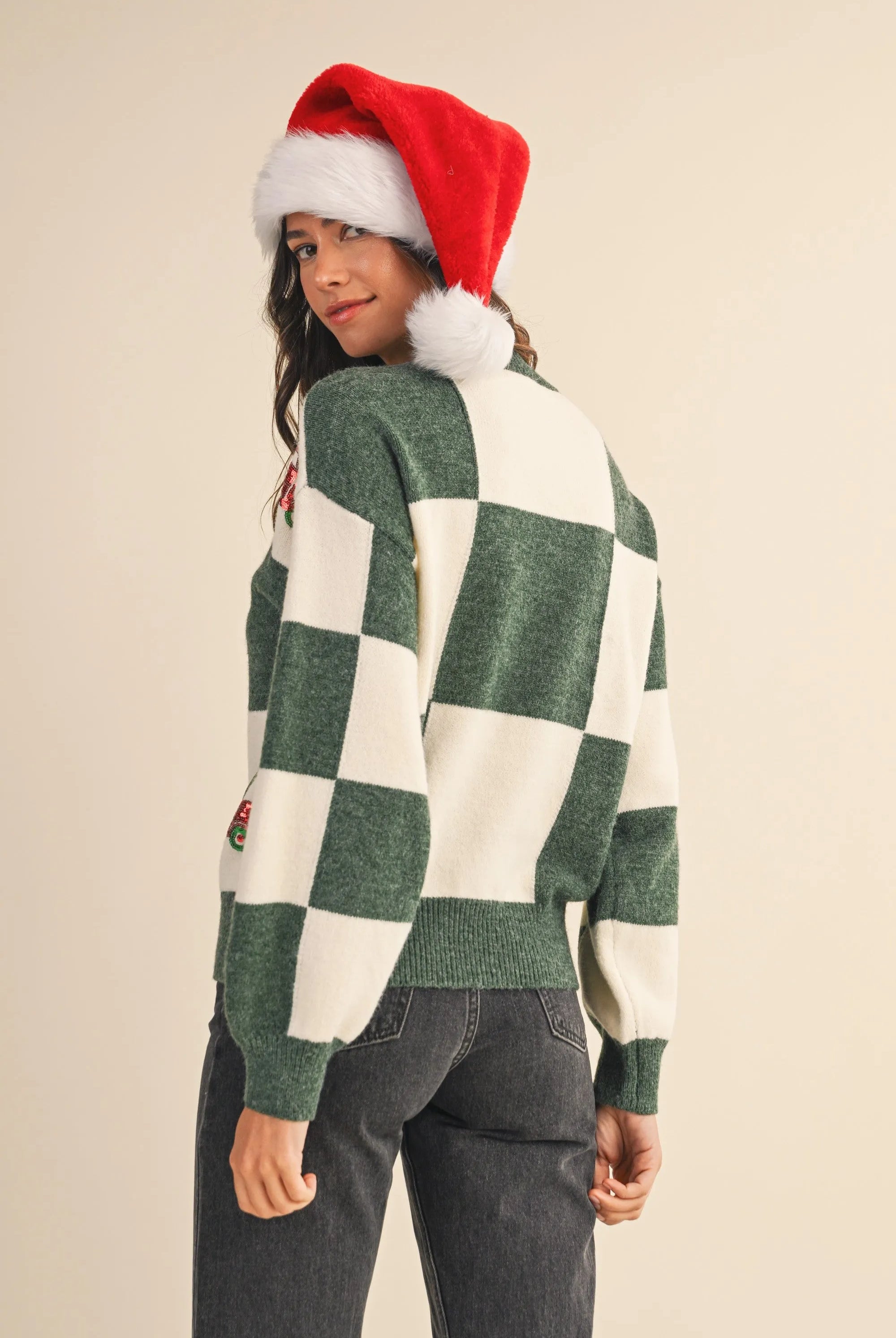 Shop Checkered Sweater with Christmas Tree Truck Sequin Patch- at Ruby Joy Boutique, a Women's Clothing Store in Pickerington, Ohio