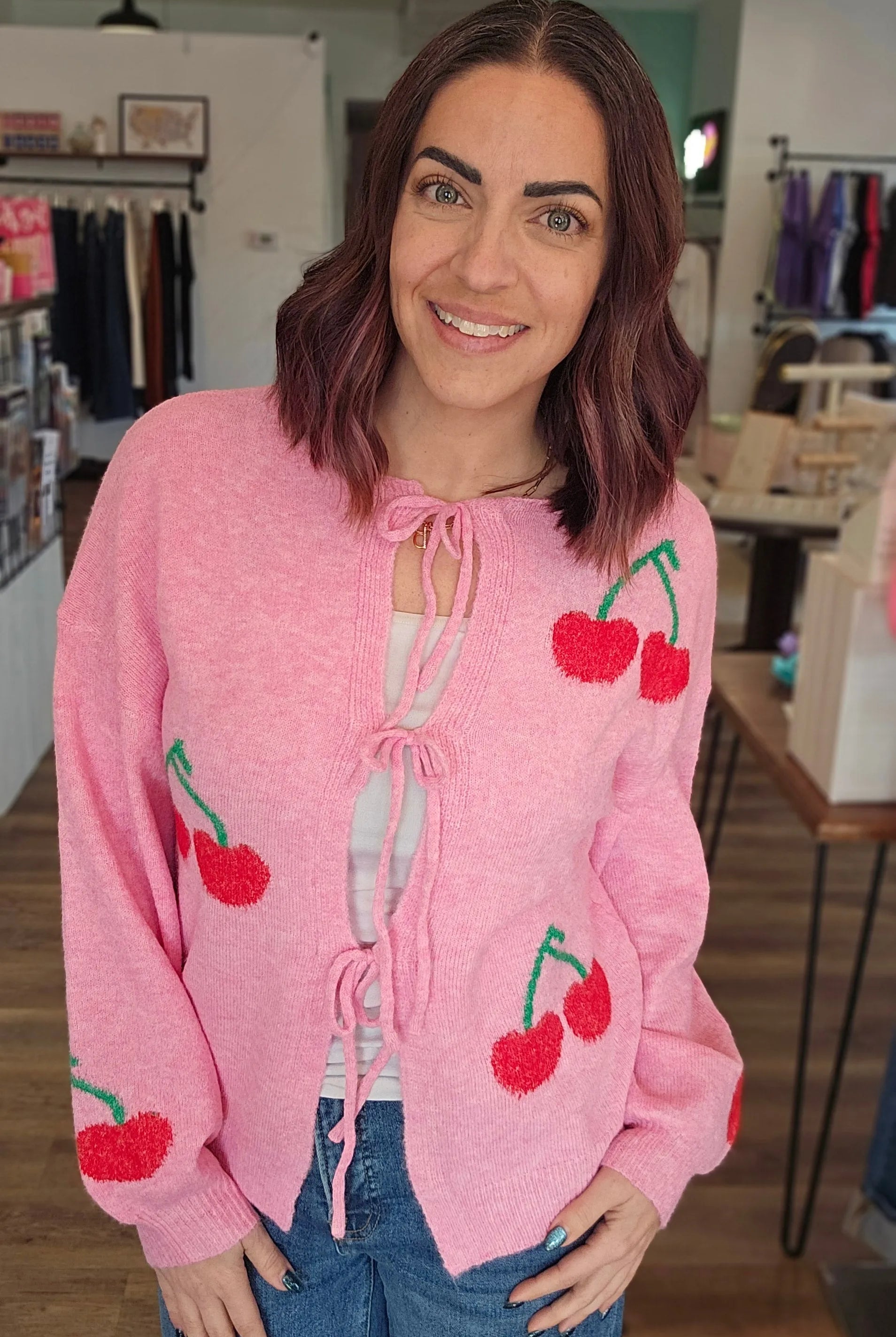 Shop Cherry Tie Detail Cardigan- at Ruby Joy Boutique, a Women's Clothing Store in Pickerington, Ohio