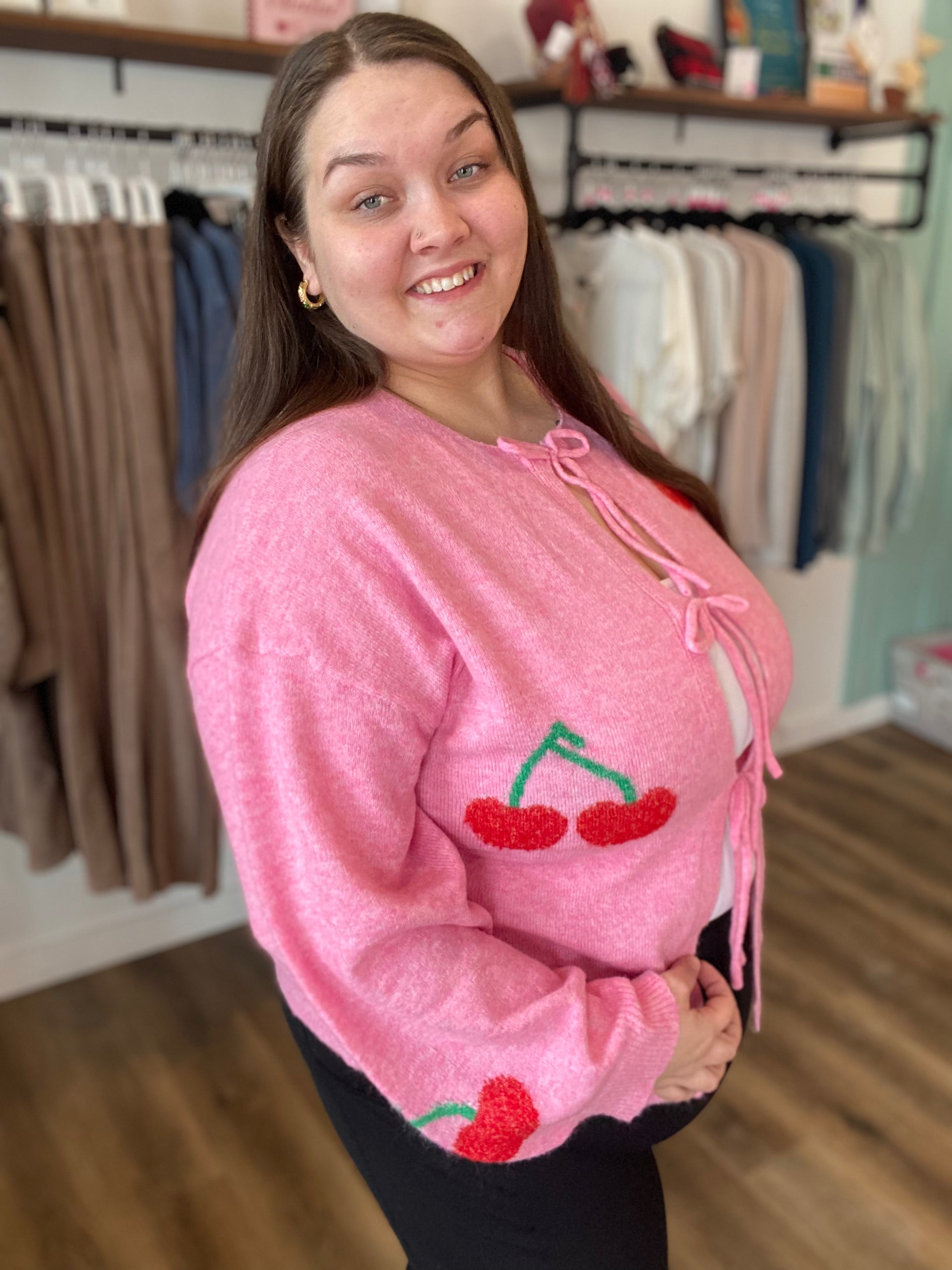 Shop Cherry Tie Detail Cardigan- at Ruby Joy Boutique, a Women's Clothing Store in Pickerington, Ohio