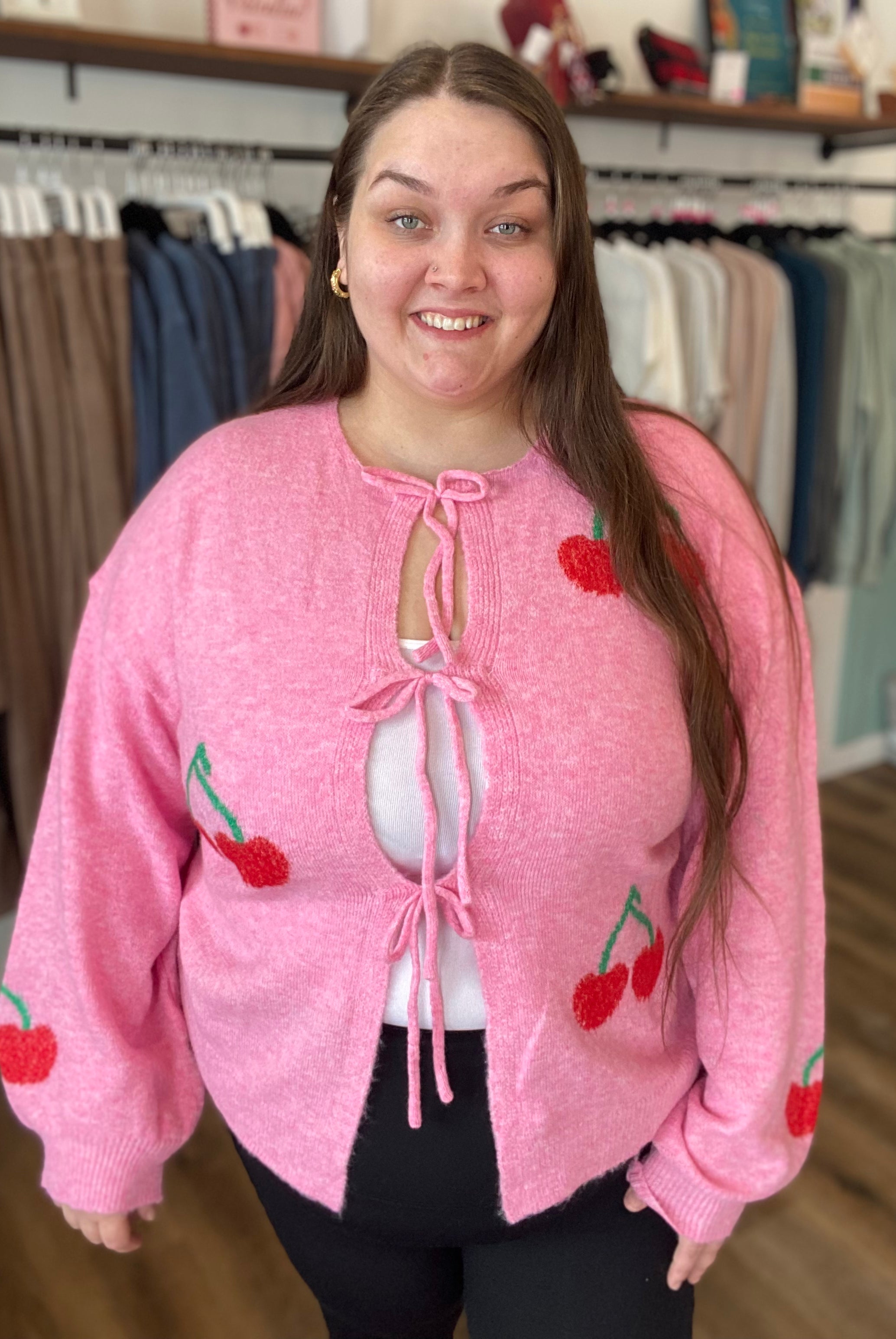 Shop Cherry Tie Detail Cardigan- at Ruby Joy Boutique, a Women's Clothing Store in Pickerington, Ohio