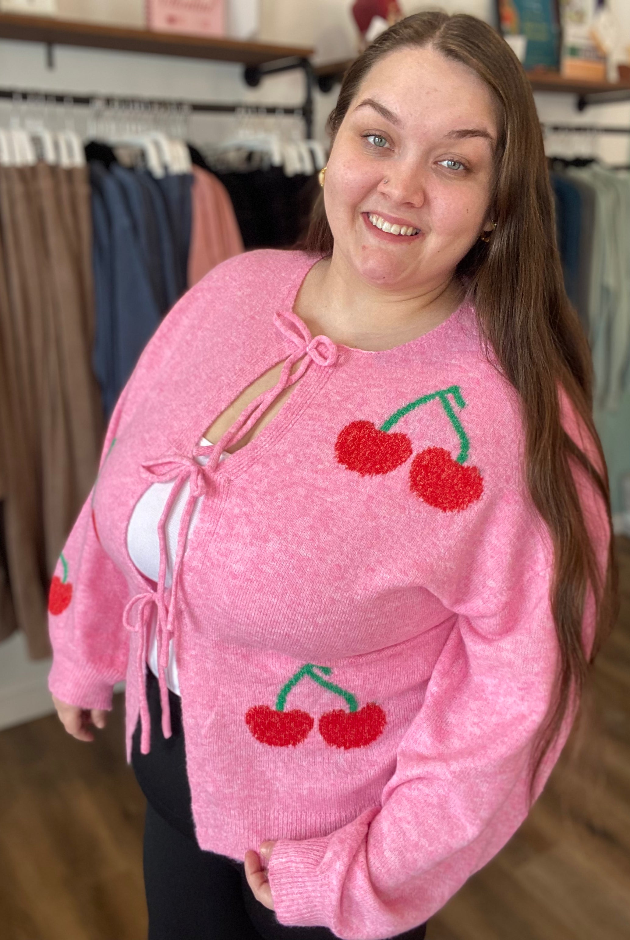Shop Cherry Tie Detail Cardigan- at Ruby Joy Boutique, a Women's Clothing Store in Pickerington, Ohio