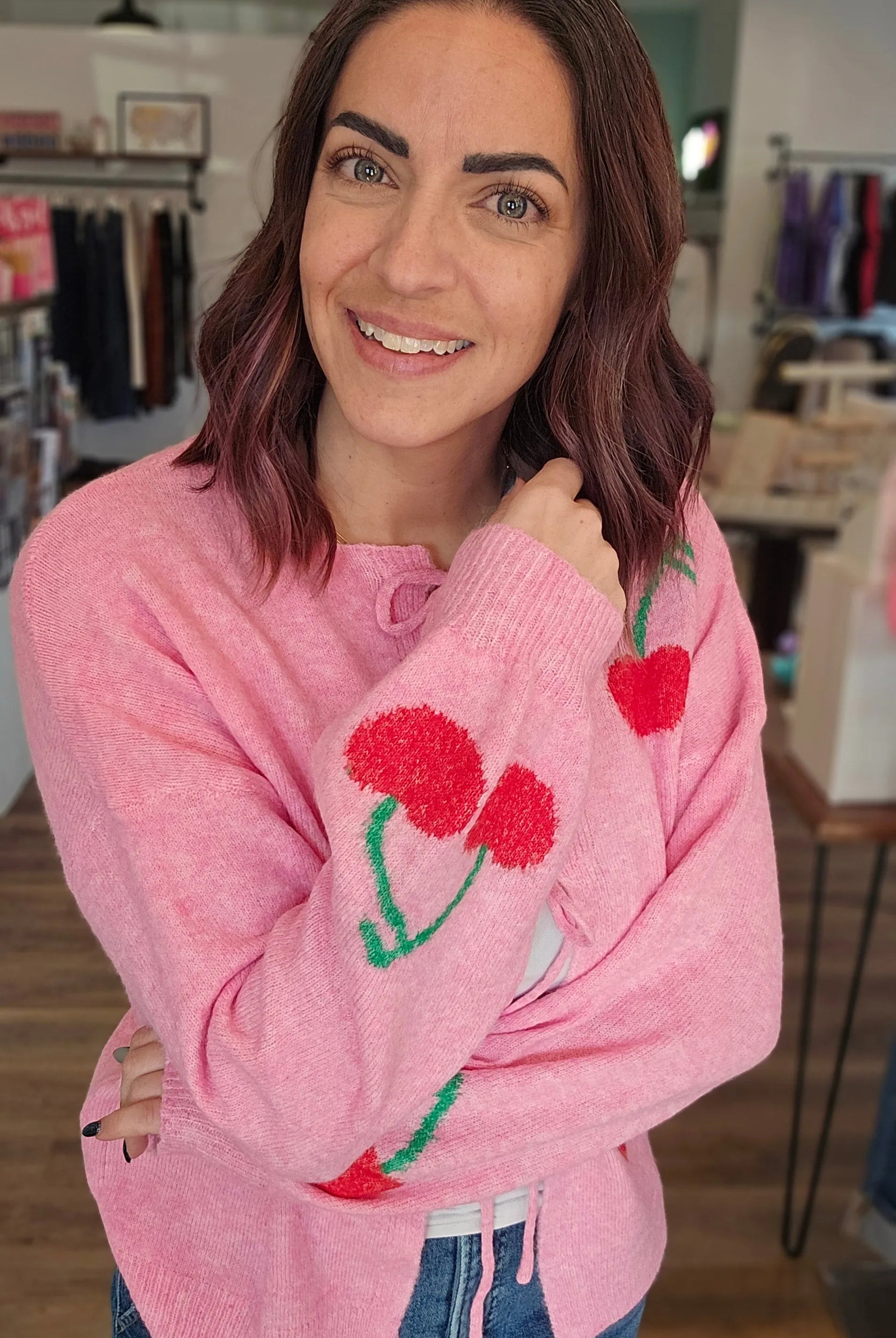 Shop Cherry Tie Detail Cardigan- at Ruby Joy Boutique, a Women's Clothing Store in Pickerington, Ohio