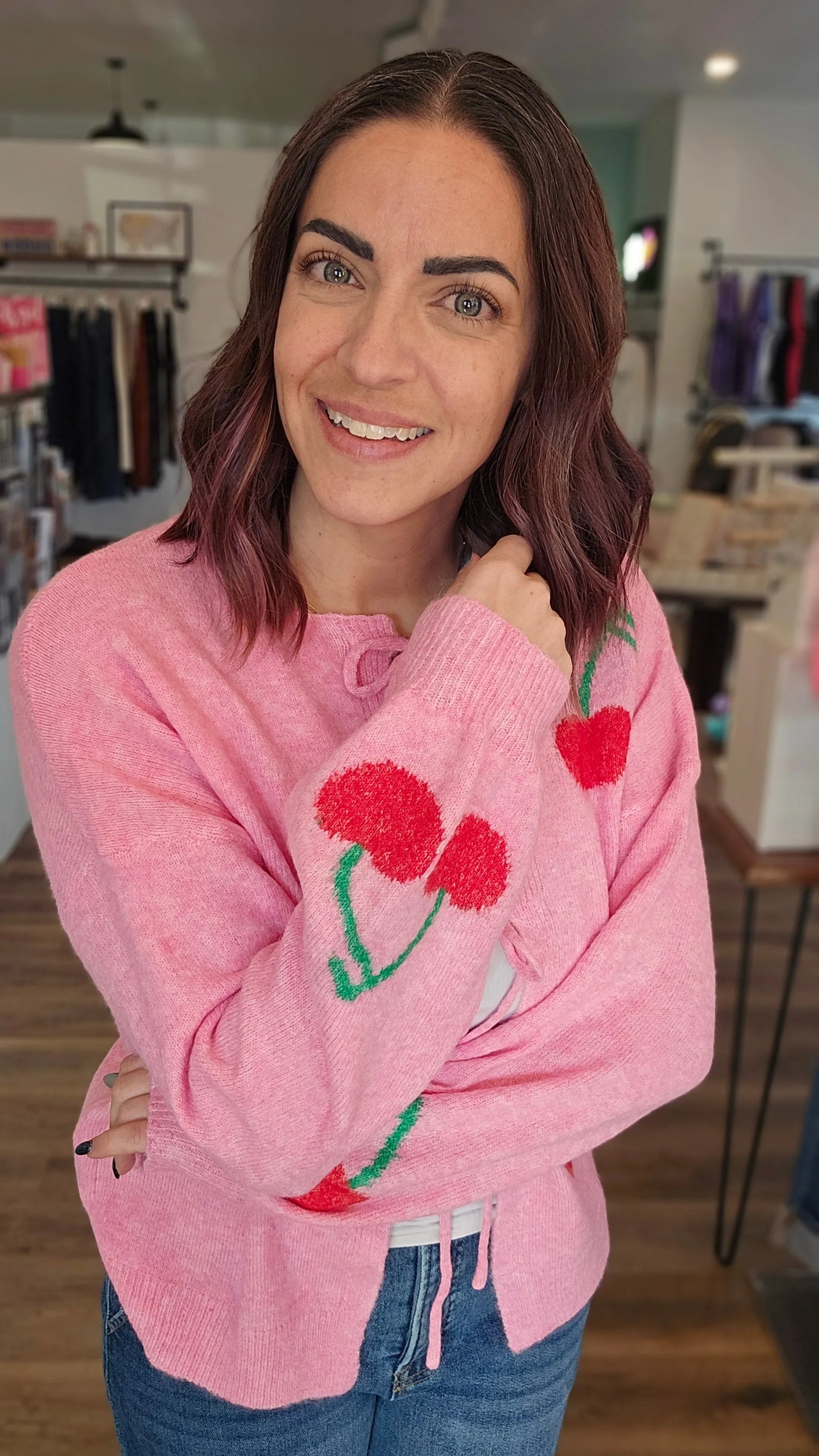 Shop Cherry Tie Detail Cardigan- at Ruby Joy Boutique, a Women's Clothing Store in Pickerington, Ohio