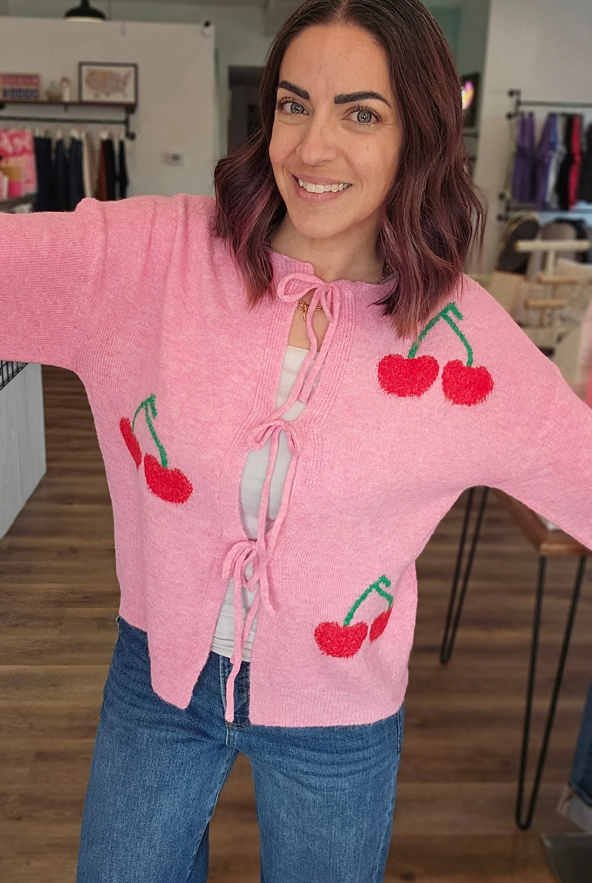 Shop Cherry Tie Detail Cardigan- at Ruby Joy Boutique, a Women's Clothing Store in Pickerington, Ohio