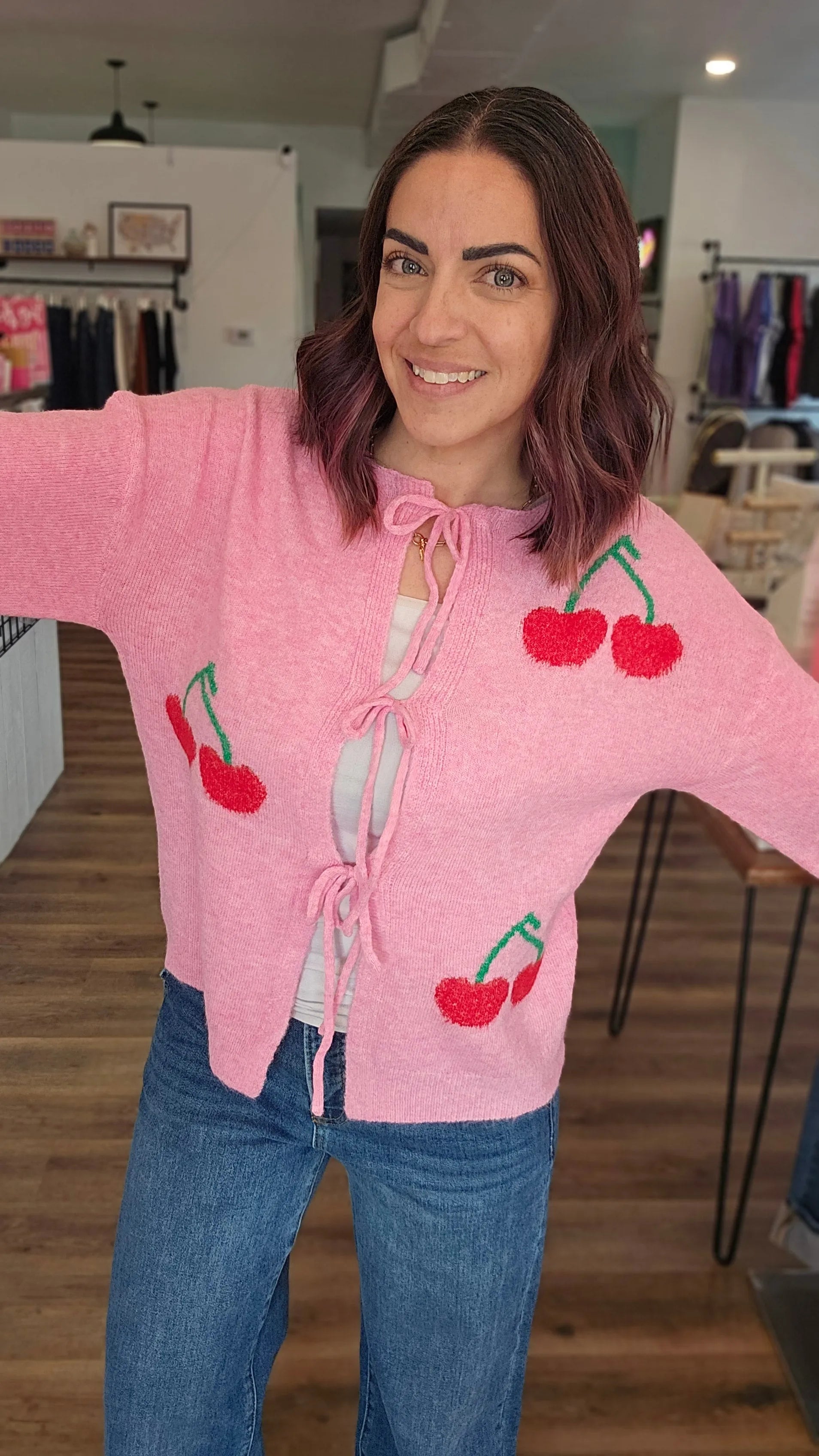 Shop Cherry Tie Detail Cardigan- at Ruby Joy Boutique, a Women's Clothing Store in Pickerington, Ohio