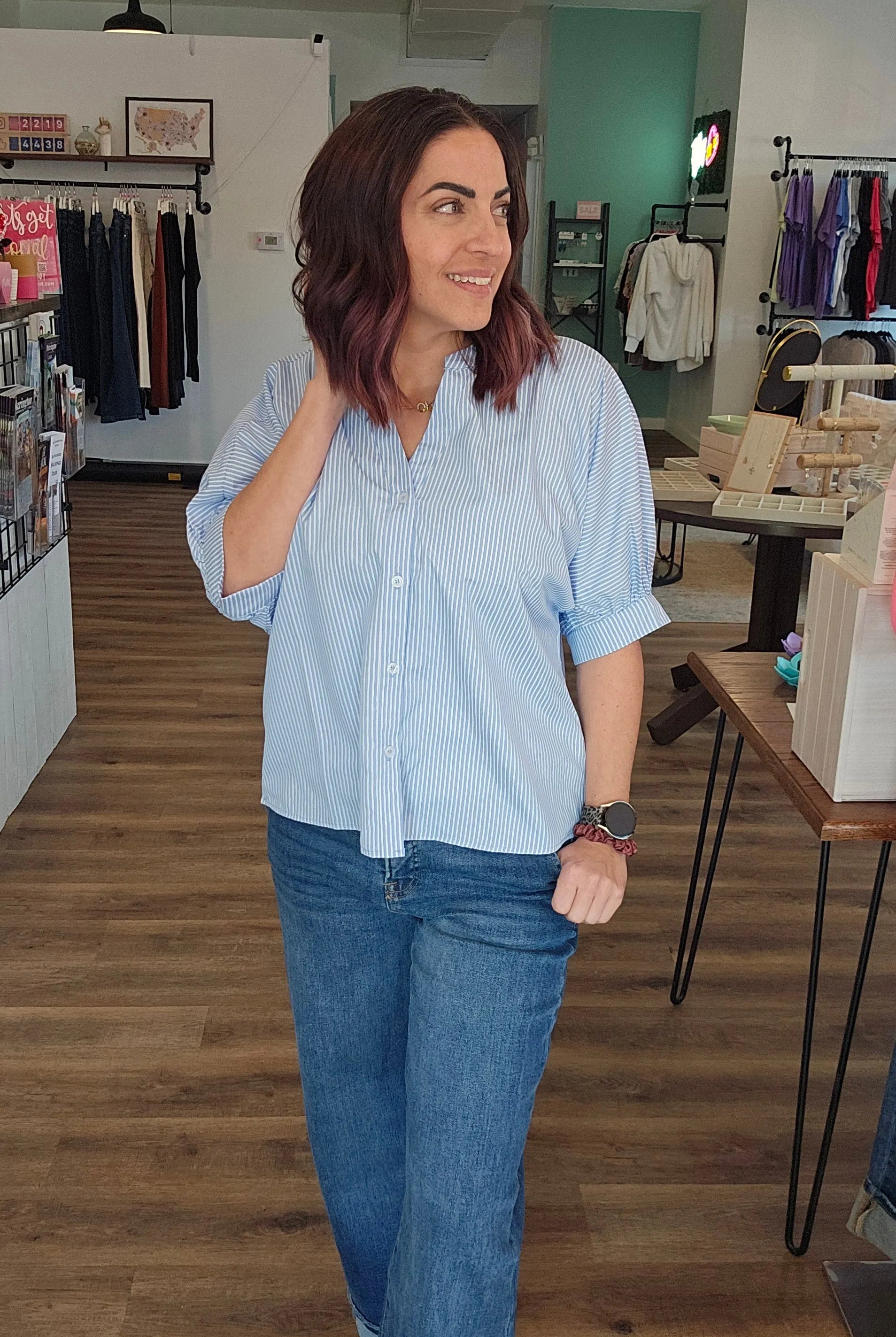 Shop Coastal Chic Pinstripe Blouse- at Ruby Joy Boutique, a Women's Clothing Store in Pickerington, Ohio