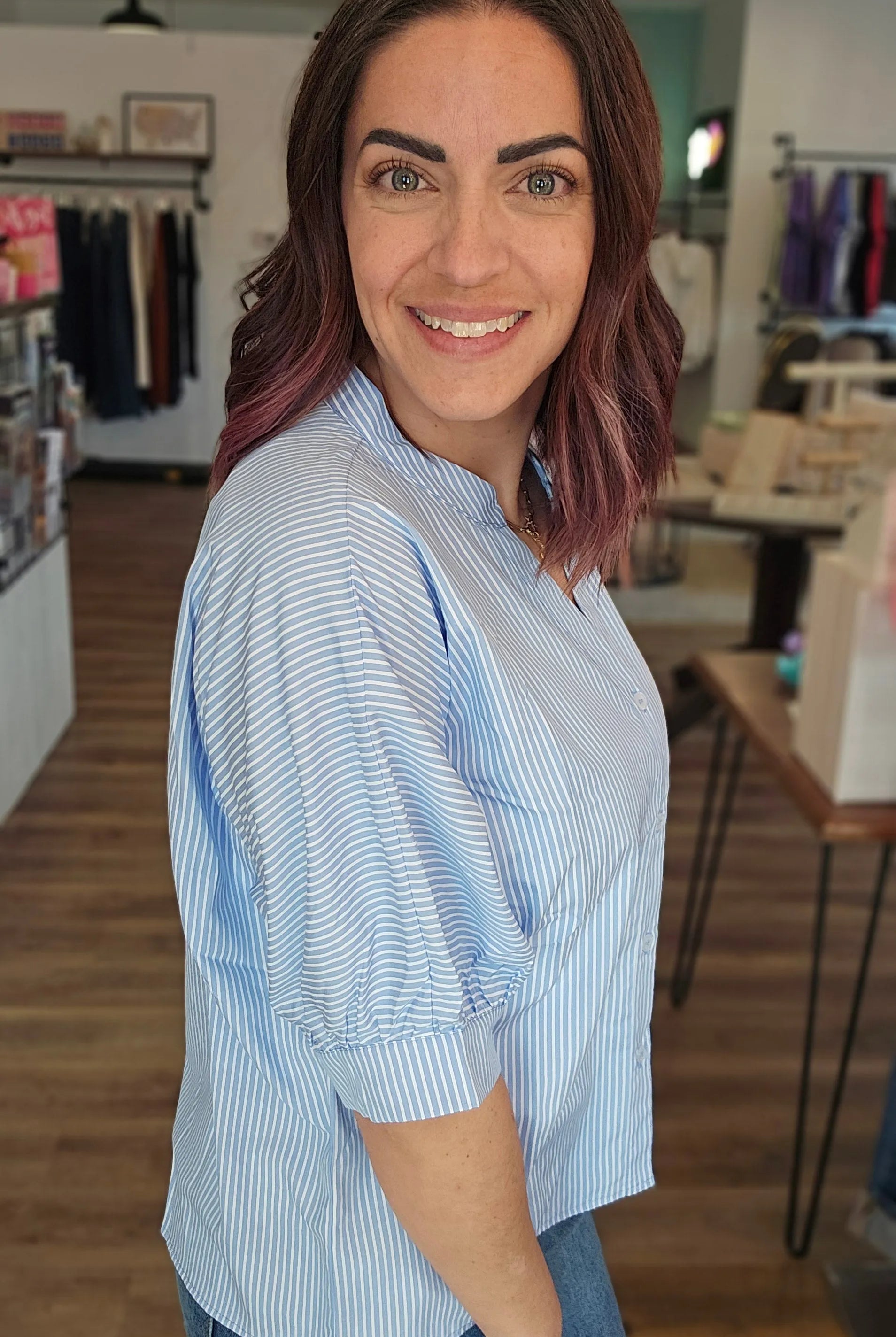 Shop Coastal Chic Pinstripe Blouse- at Ruby Joy Boutique, a Women's Clothing Store in Pickerington, Ohio