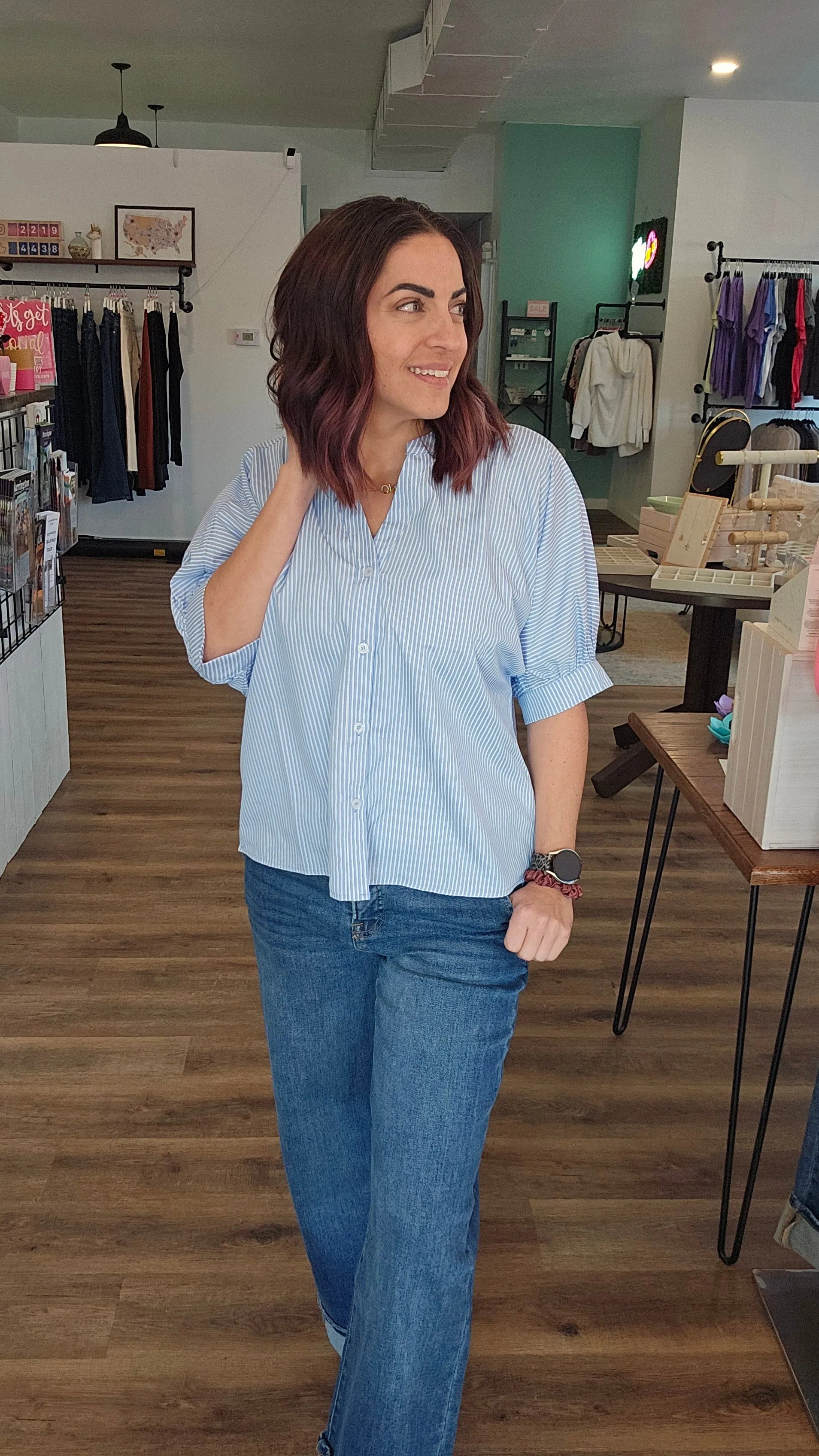 Shop Coastal Chic Pinstripe Blouse- at Ruby Joy Boutique, a Women's Clothing Store in Pickerington, Ohio
