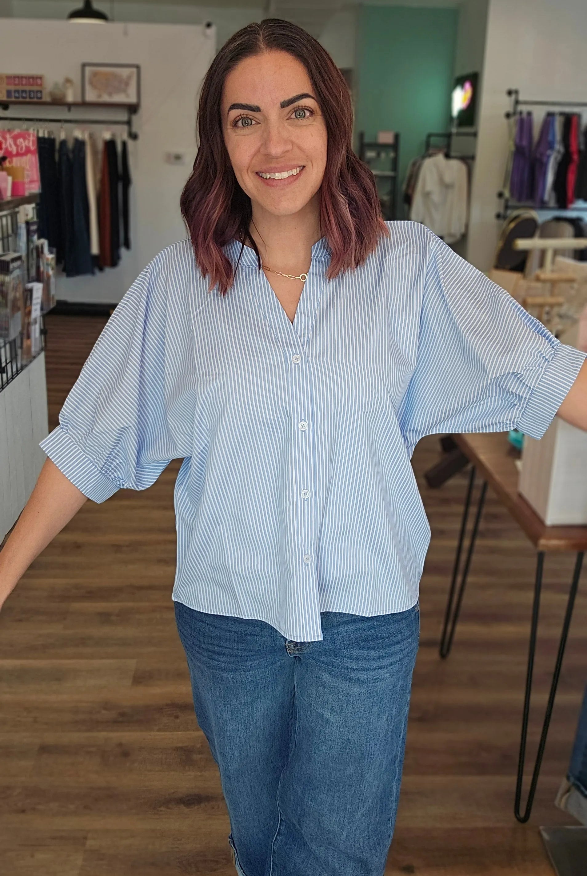 Shop Coastal Chic Pinstripe Blouse- at Ruby Joy Boutique, a Women's Clothing Store in Pickerington, Ohio
