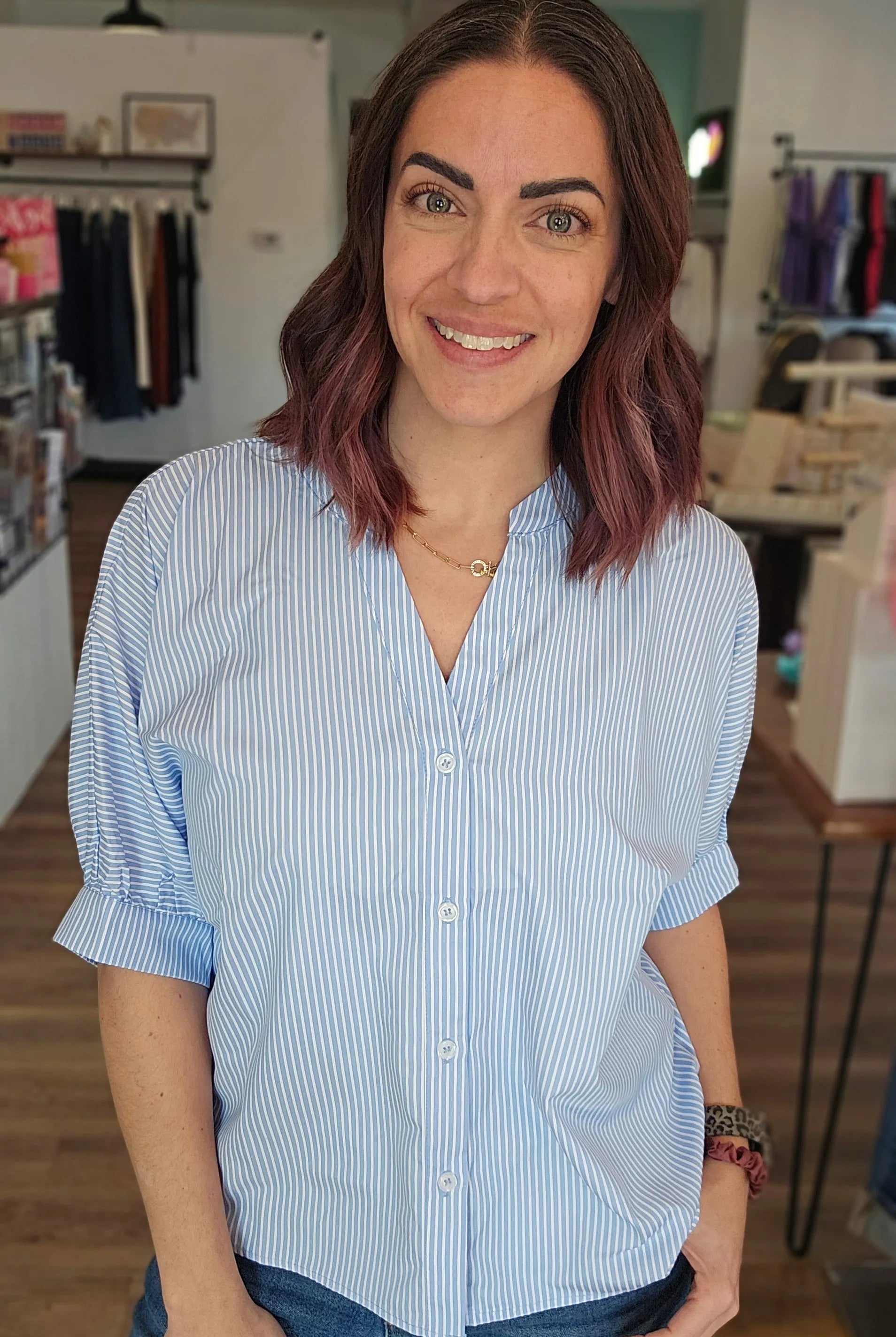 Shop Coastal Chic Pinstripe Blouse- at Ruby Joy Boutique, a Women's Clothing Store in Pickerington, Ohio