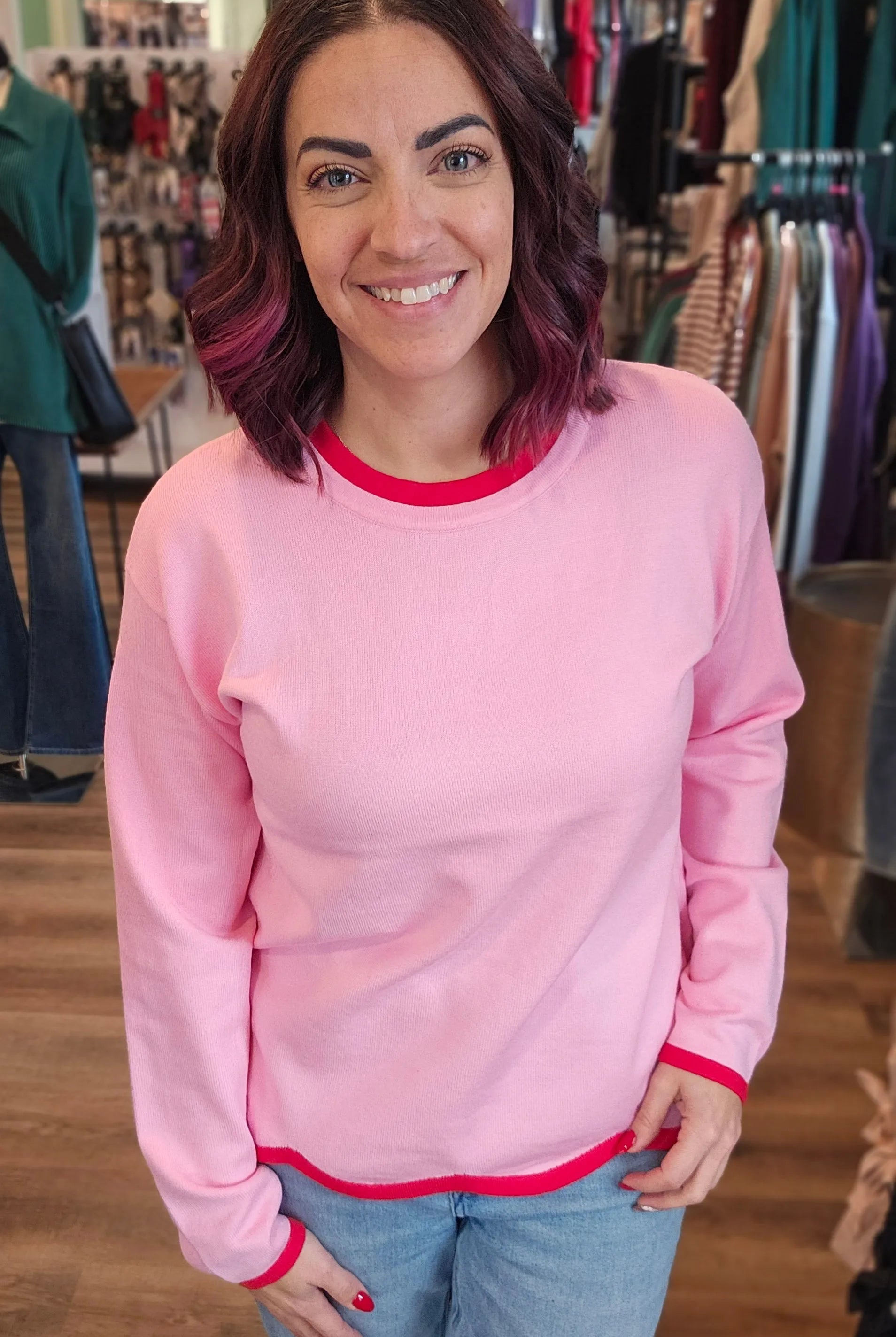 Shop Color Pop Scallop Hem Sweater - Pink & Red- at Ruby Joy Boutique, a Women's Clothing Store in Pickerington, Ohio