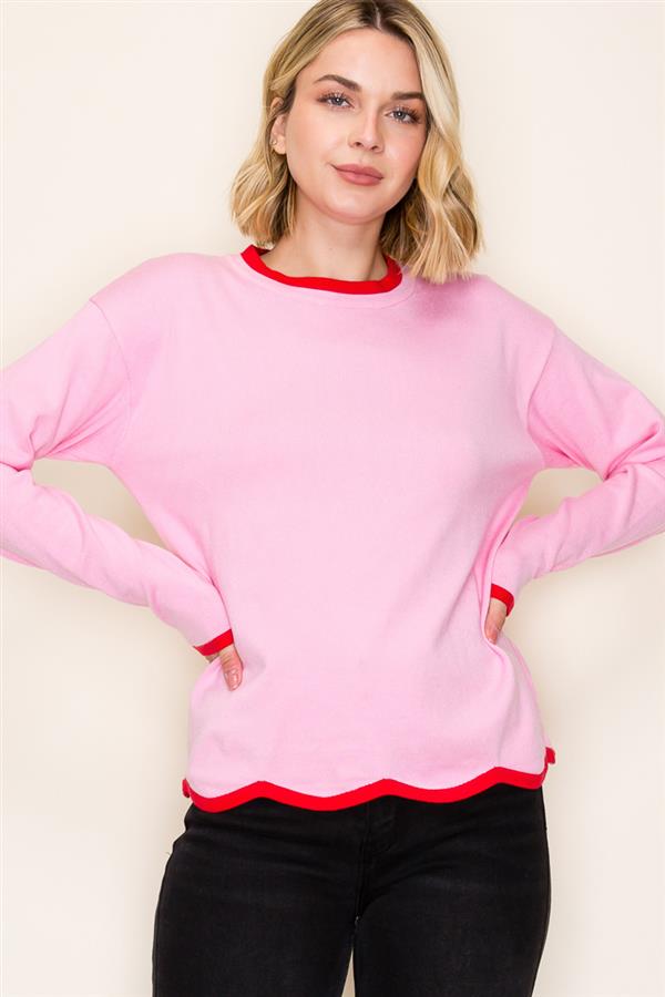 Shop Color Pop Scallop Hem Sweater - Pink & Red- at Ruby Joy Boutique, a Women's Clothing Store in Pickerington, Ohio