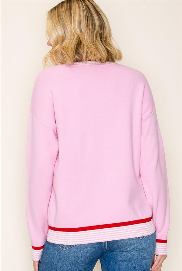 Shop Color Pop Varsity Trim Sweater - Pink & Red- at Ruby Joy Boutique, a Women's Clothing Store in Pickerington, Ohio