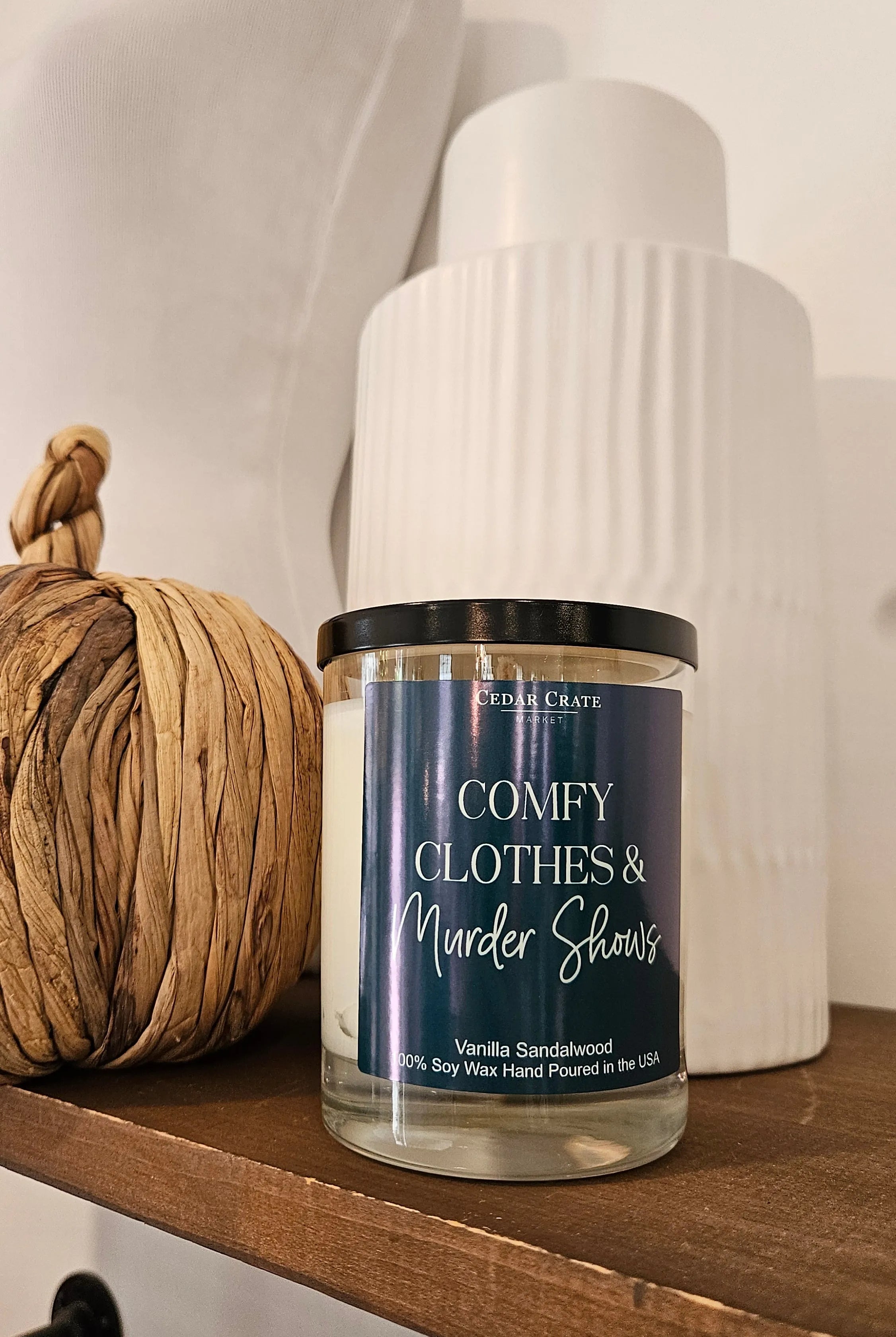 Shop Comfy Clothes & Murder Shows | Vanilla Sandalwood Soy Candle- at Ruby Joy Boutique, a Women's Clothing Store in Pickerington, Ohio