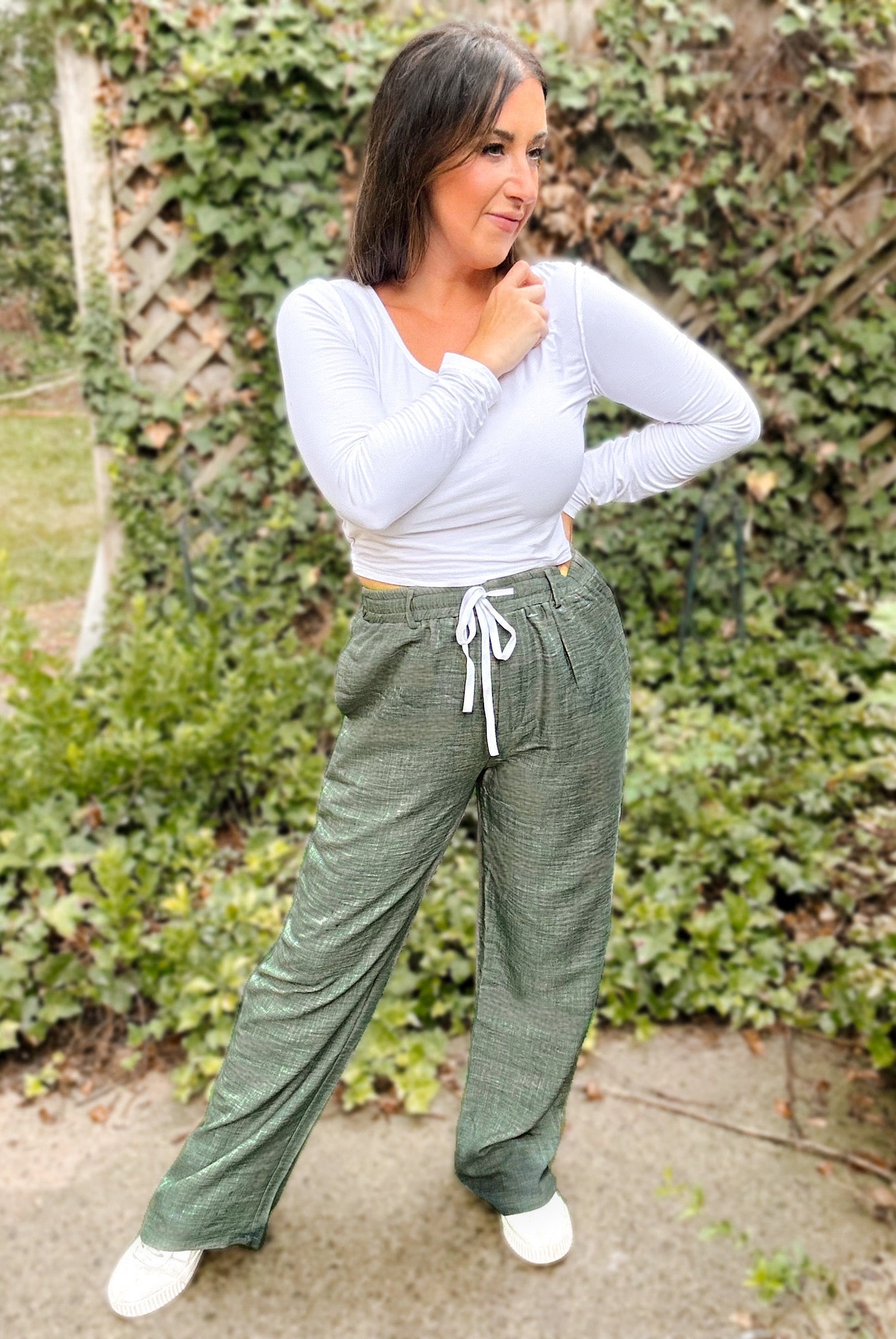 Shop Cora Chambray Wide Leg Pant-Olive at Ruby Joy Boutique, a Women's Clothing Store in Pickerington, Ohio