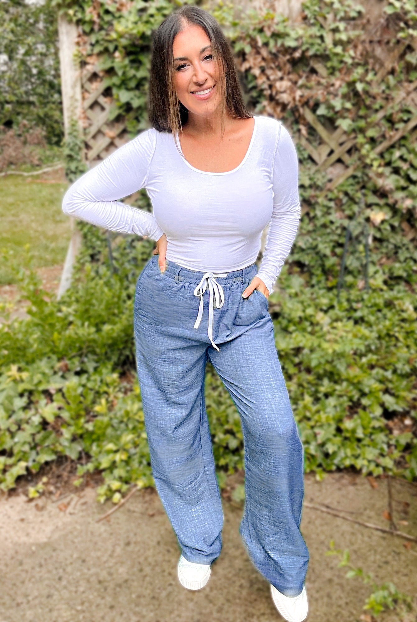 Shop Cora Chambray Wide Leg Pant-Denim at Ruby Joy Boutique, a Women's Clothing Store in Pickerington, Ohio