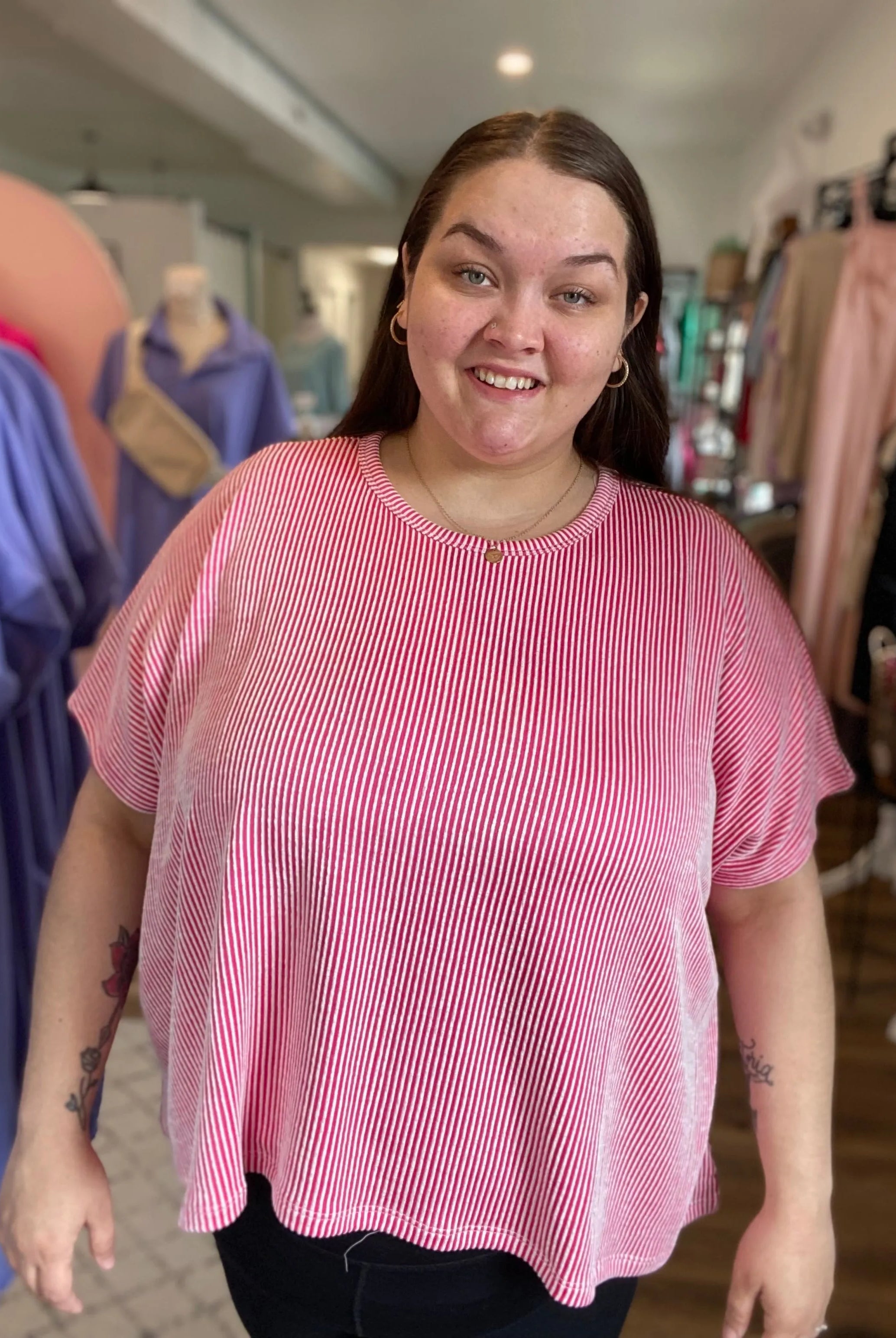 Shop Cora Striped Ribbed Tee - Hot Pink- at Ruby Joy Boutique, a Women's Clothing Store in Pickerington, Ohio