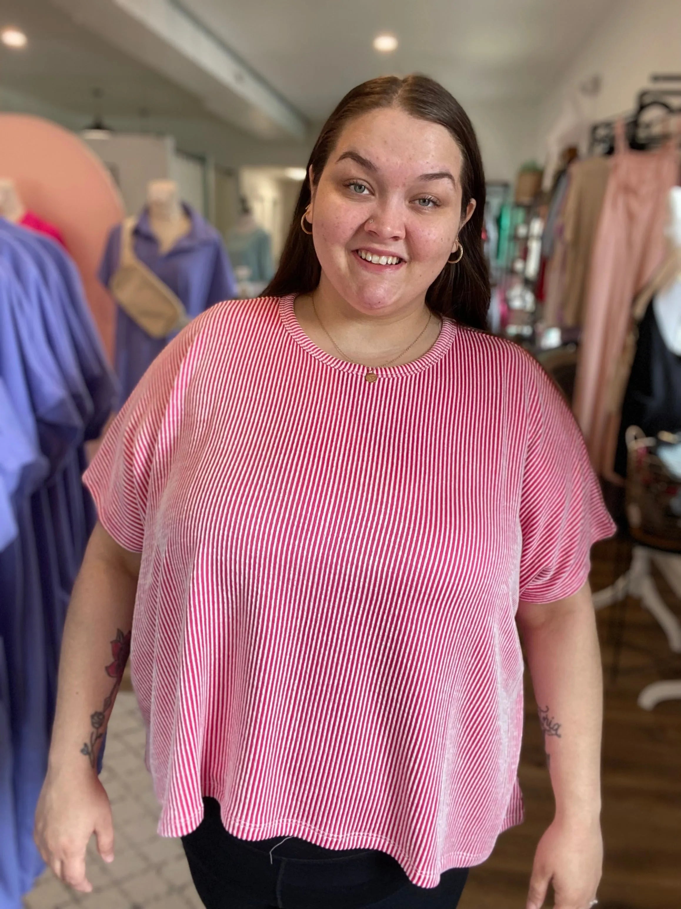 Shop Cora Striped Ribbed Tee - Hot Pink- at Ruby Joy Boutique, a Women's Clothing Store in Pickerington, Ohio