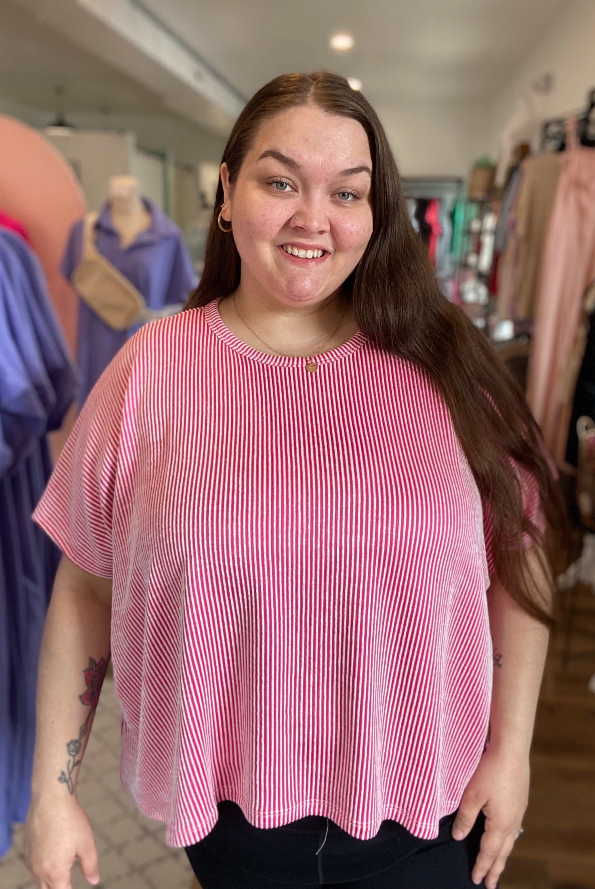 Shop Cora Striped Ribbed Tee - Hot Pink- at Ruby Joy Boutique, a Women's Clothing Store in Pickerington, Ohio