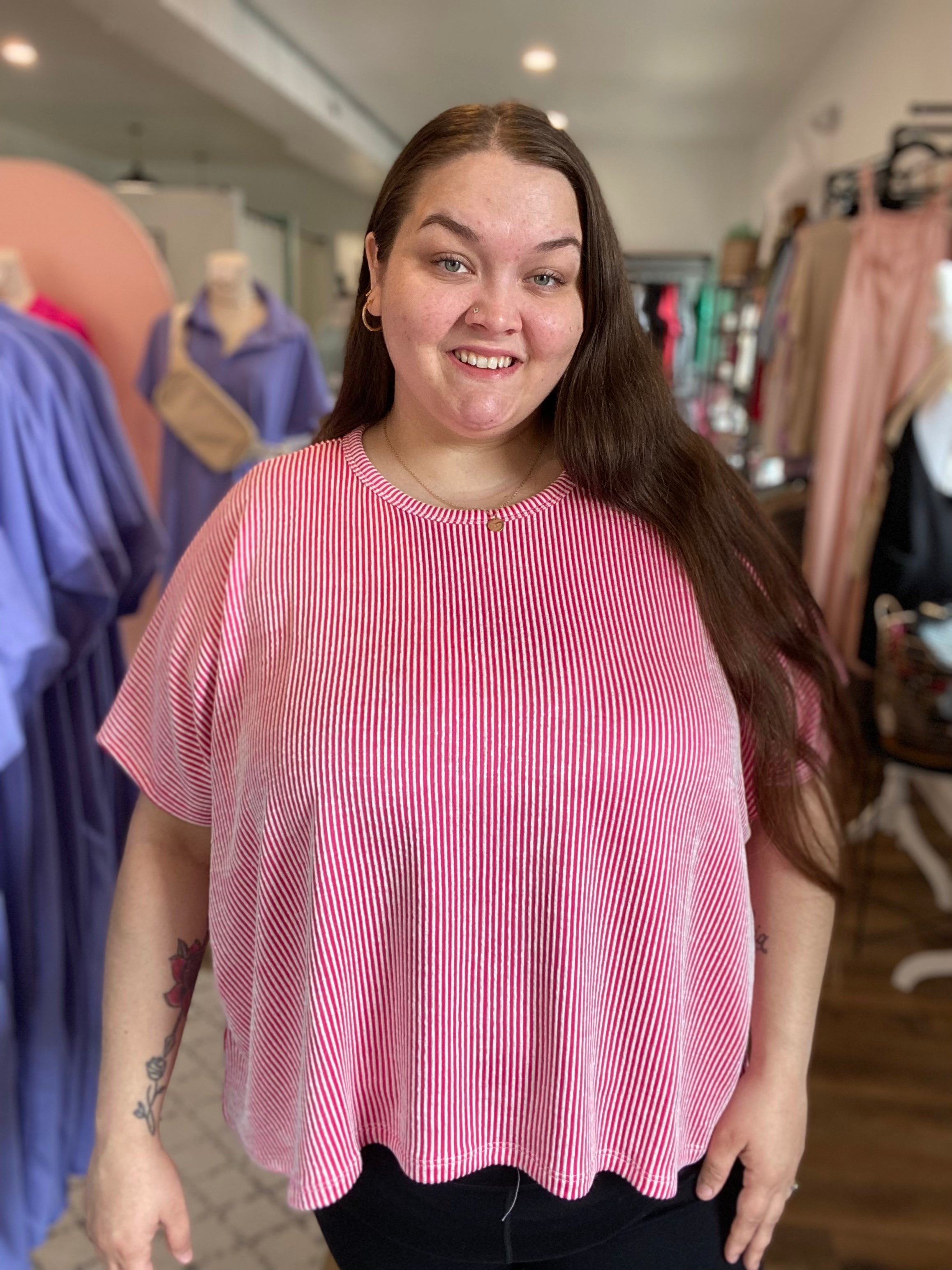 Shop Cora Striped Ribbed Tee - Hot Pink- at Ruby Joy Boutique, a Women's Clothing Store in Pickerington, Ohio