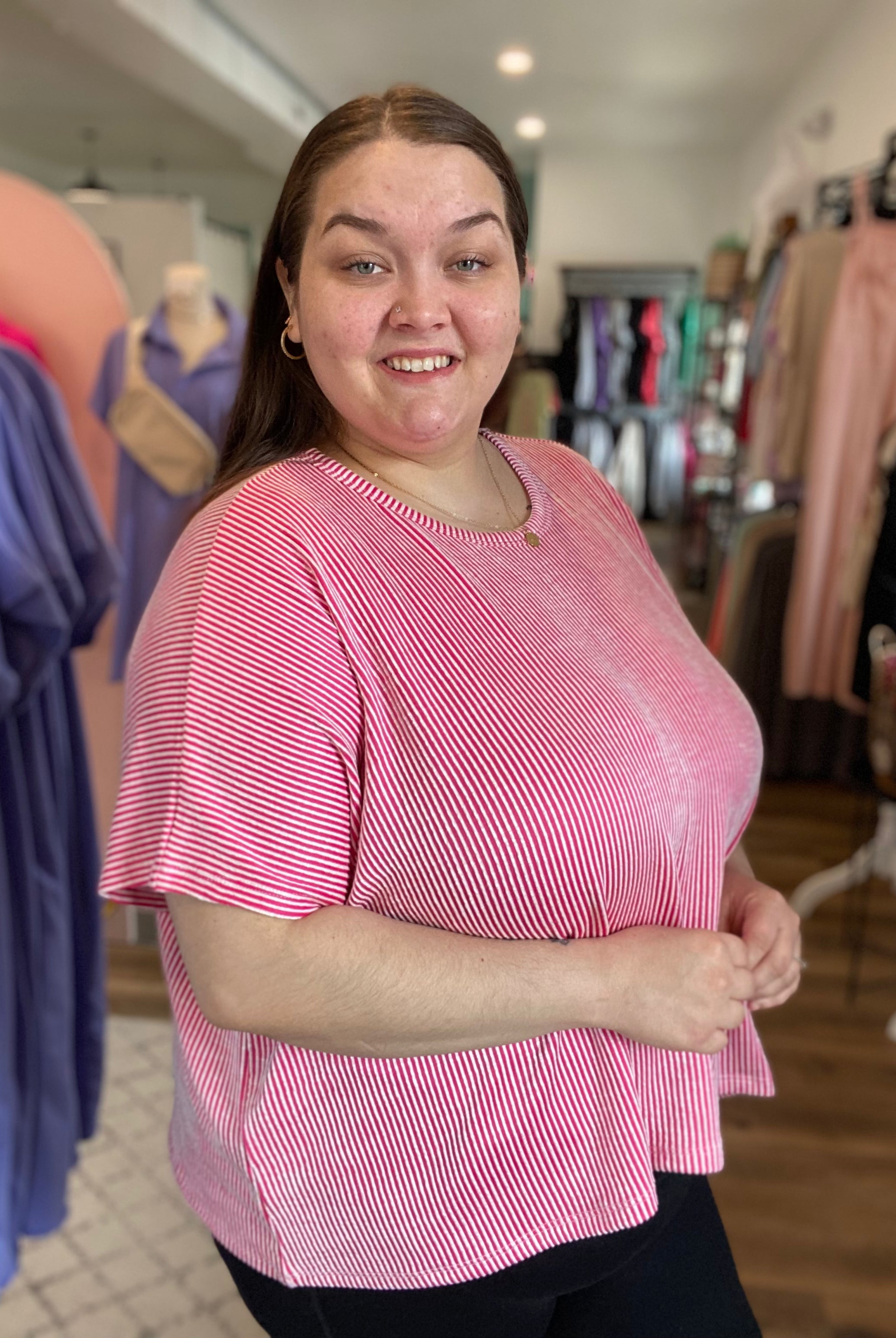 Shop Cora Striped Ribbed Tee - Hot Pink- at Ruby Joy Boutique, a Women's Clothing Store in Pickerington, Ohio