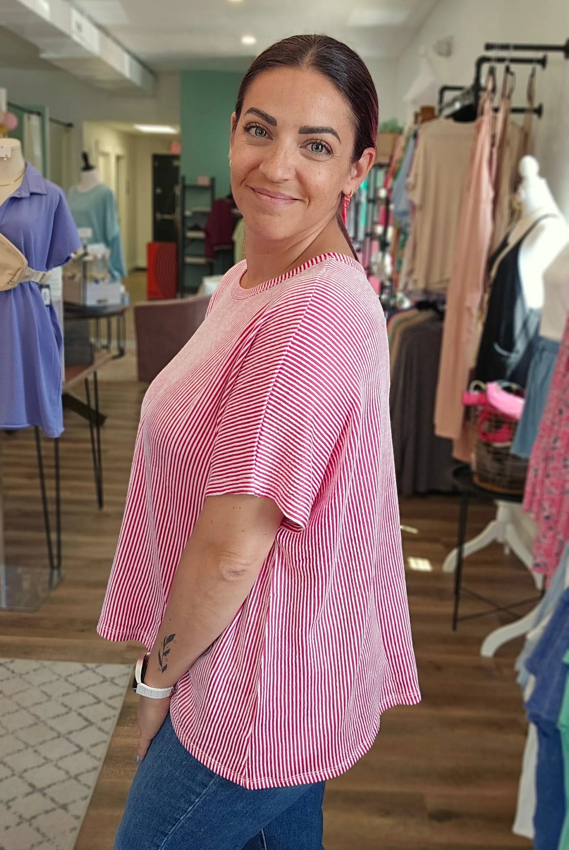 Shop Cora Striped Ribbed Tee - Hot Pink- at Ruby Joy Boutique, a Women's Clothing Store in Pickerington, Ohio
