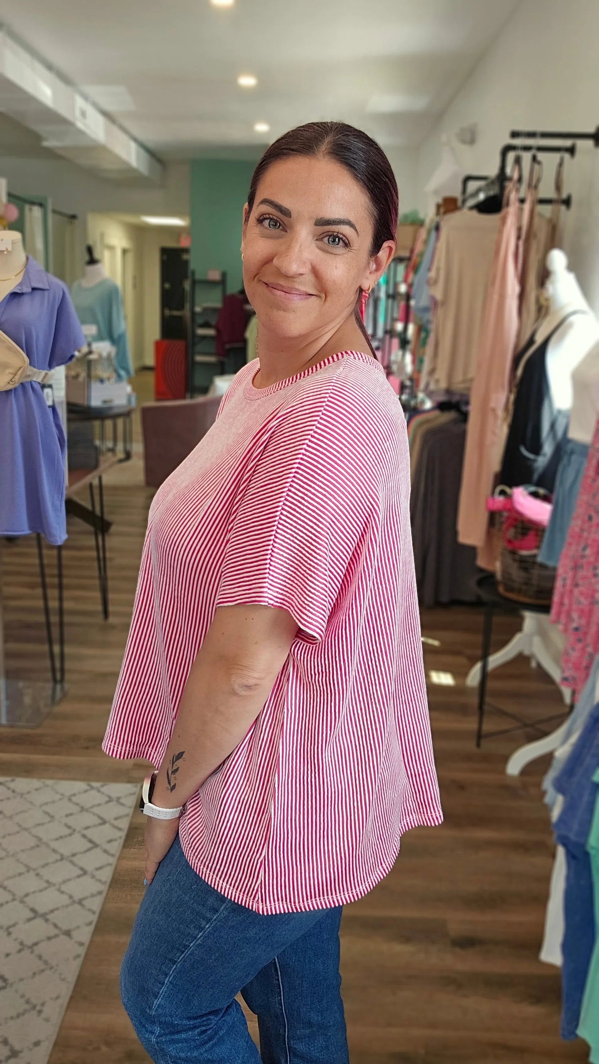 Shop Cora Striped Ribbed Tee - Hot Pink- at Ruby Joy Boutique, a Women's Clothing Store in Pickerington, Ohio