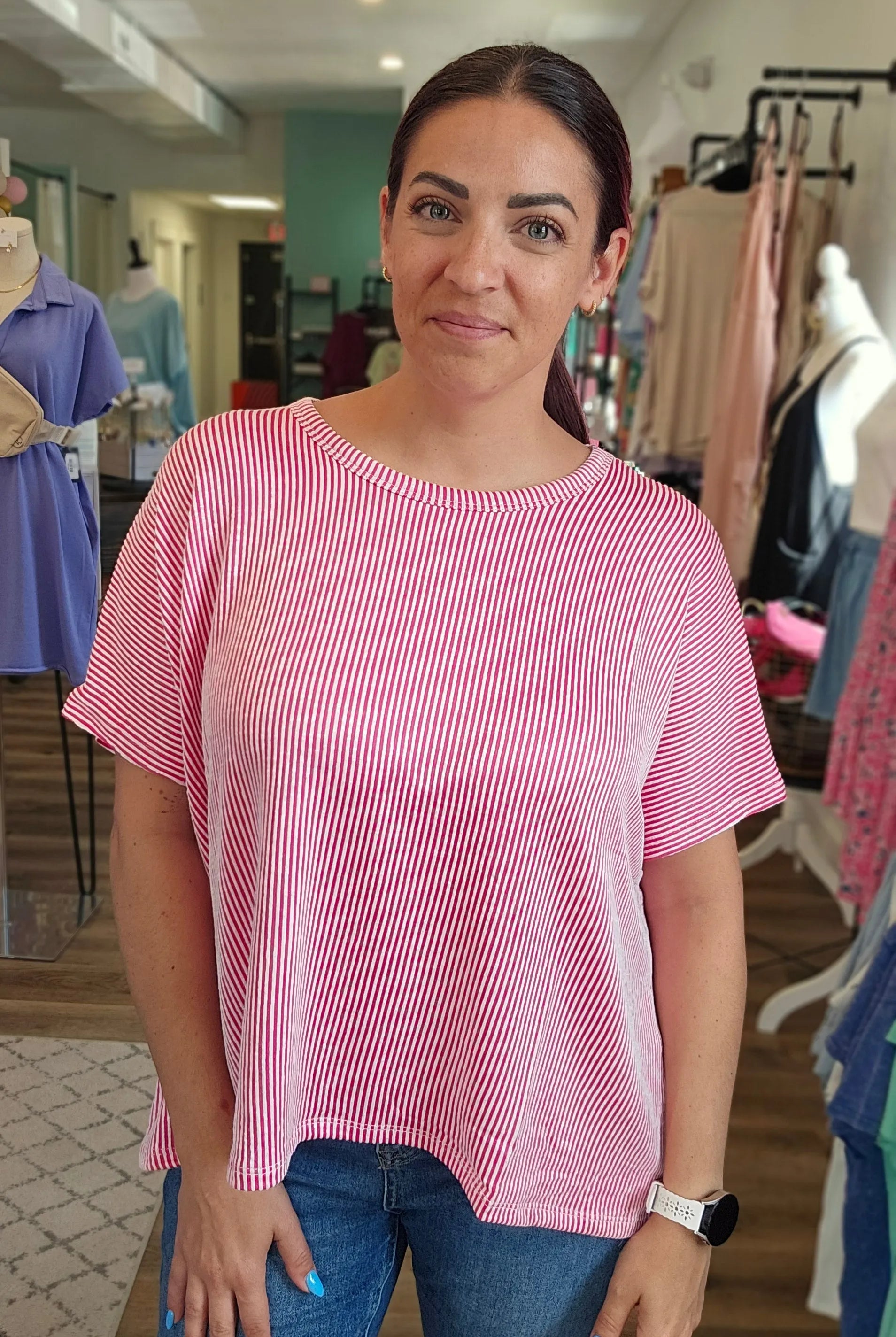 Shop Cora Striped Ribbed Tee - Hot Pink- at Ruby Joy Boutique, a Women's Clothing Store in Pickerington, Ohio