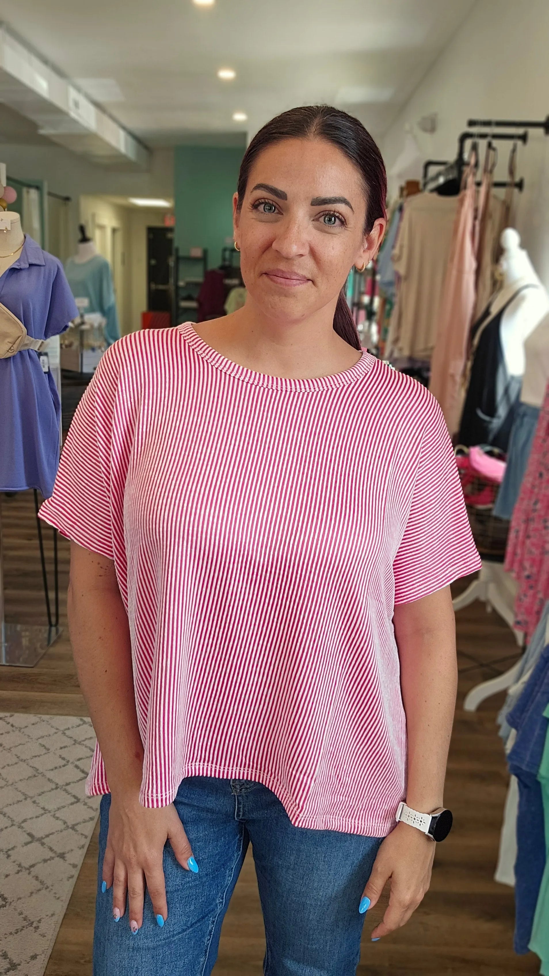 Shop Cora Striped Ribbed Tee - Hot Pink- at Ruby Joy Boutique, a Women's Clothing Store in Pickerington, Ohio