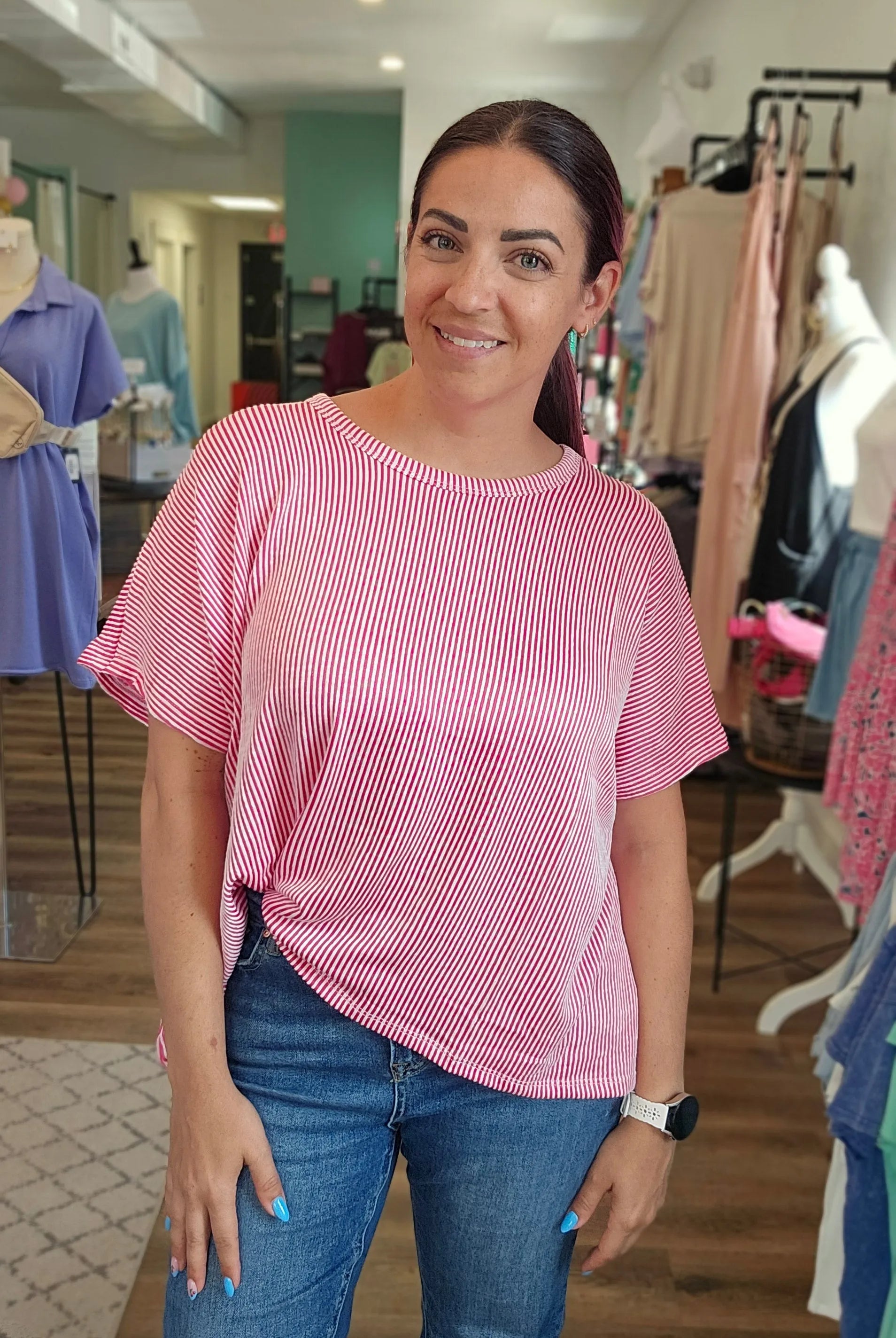 Shop Cora Striped Ribbed Tee - Hot Pink- at Ruby Joy Boutique, a Women's Clothing Store in Pickerington, Ohio