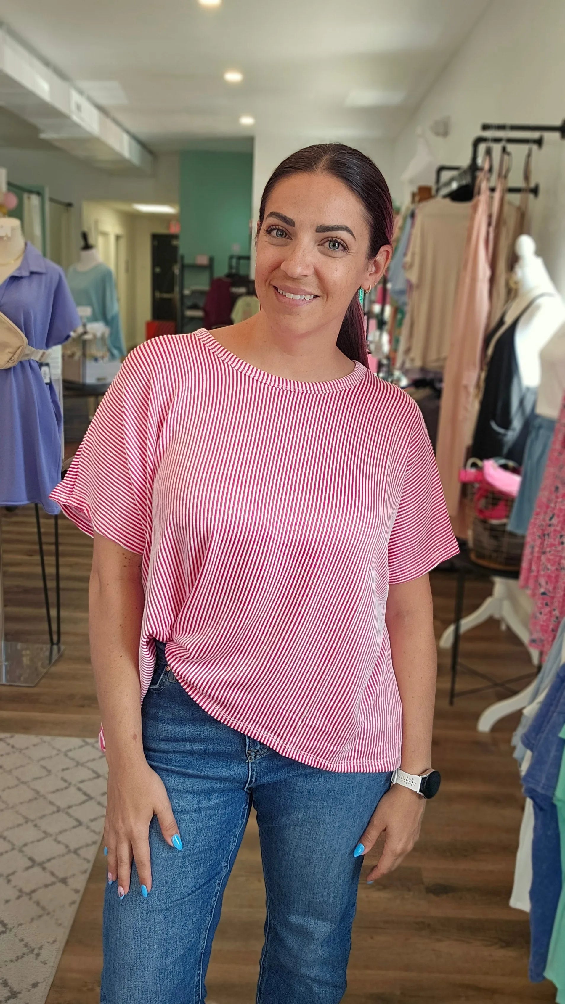 Shop Cora Striped Ribbed Tee - Hot Pink- at Ruby Joy Boutique, a Women's Clothing Store in Pickerington, Ohio