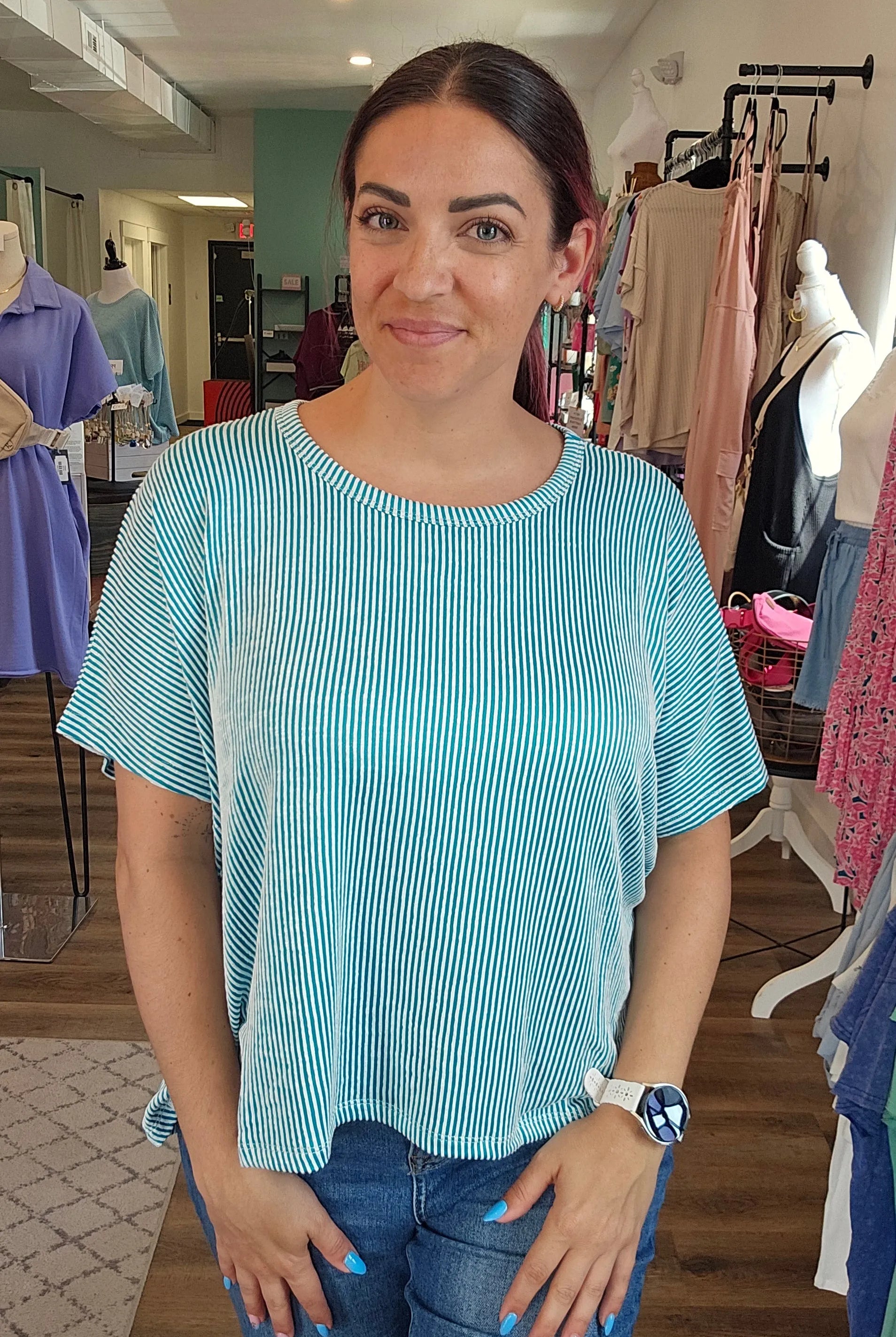 Shop Cora Striped Ribbed Tee - Teal- at Ruby Joy Boutique, a Women's Clothing Store in Pickerington, Ohio