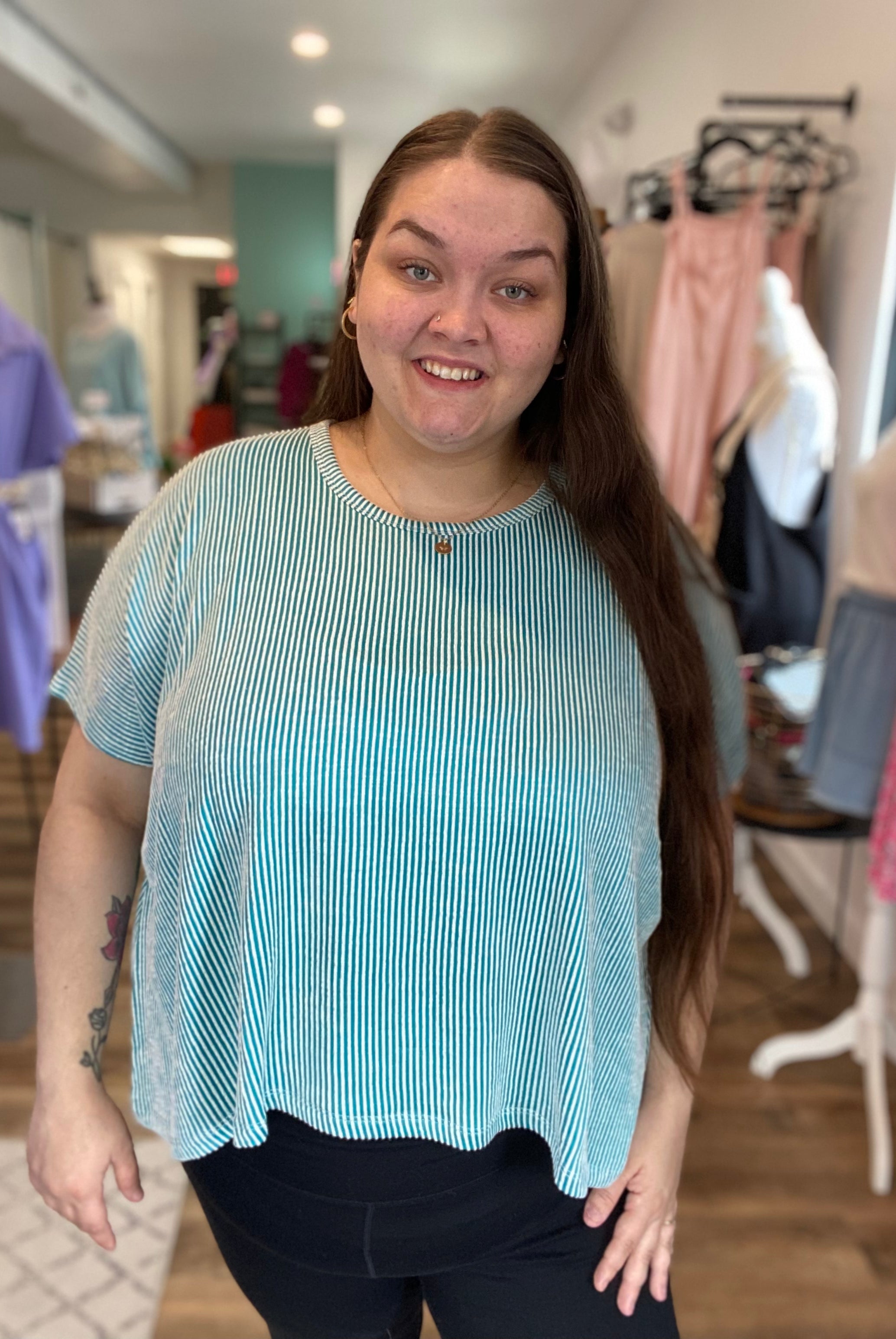 Shop Cora Striped Ribbed Tee - Teal- at Ruby Joy Boutique, a Women's Clothing Store in Pickerington, Ohio