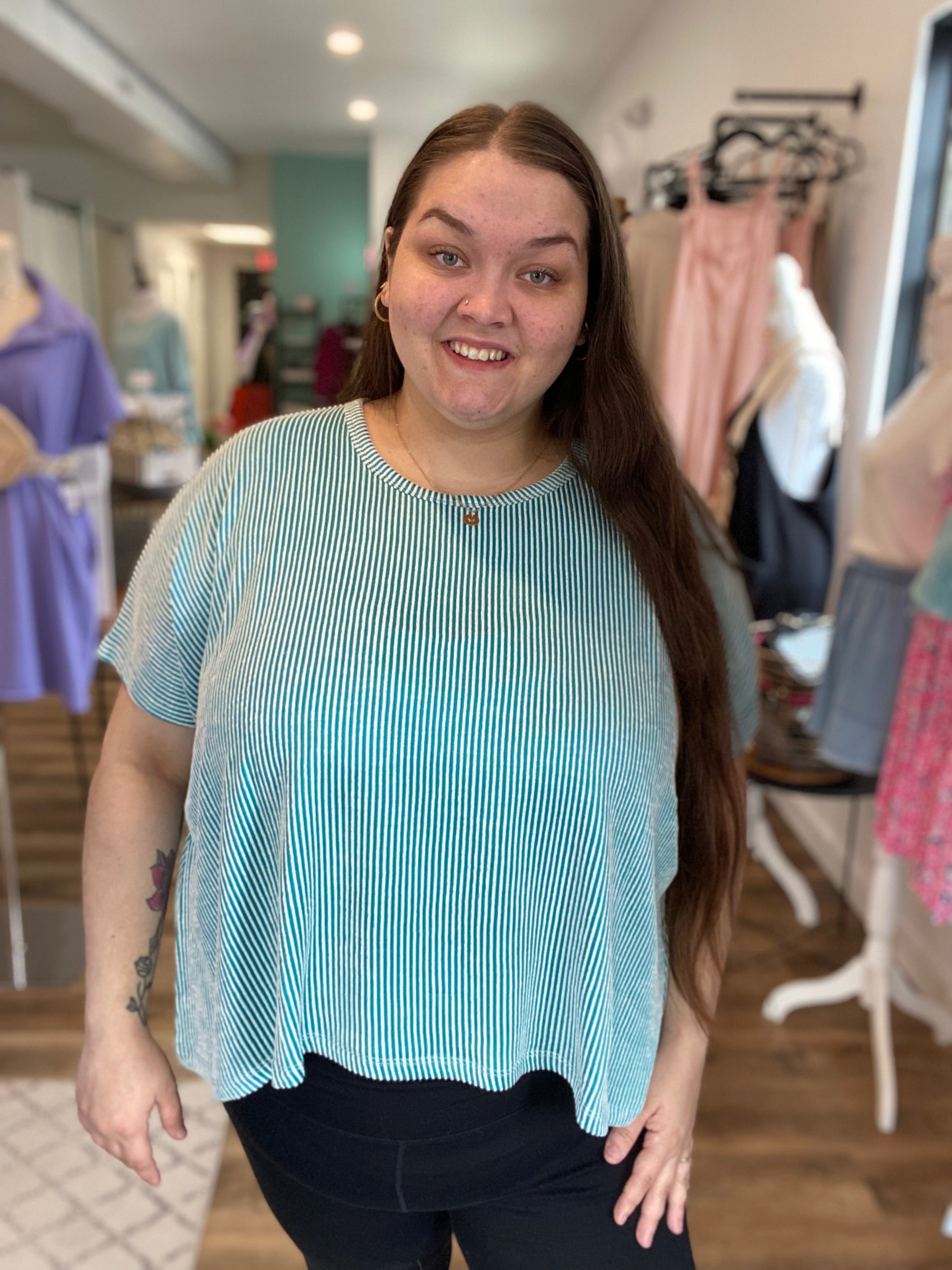 Shop Cora Striped Ribbed Tee - Teal- at Ruby Joy Boutique, a Women's Clothing Store in Pickerington, Ohio